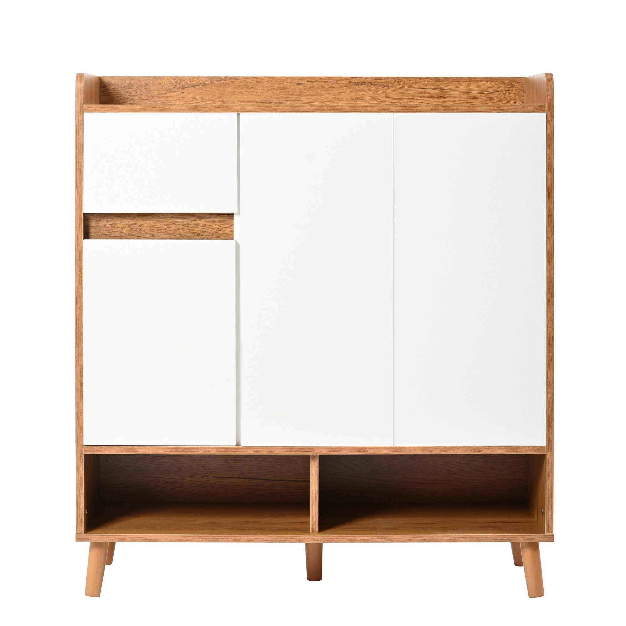 Flieks Schuhschrank mit 1 Schublade und 3 Türen Weiß (ca 12 Paar Schuhe, 1-St., mit verstellbaren Einlegeböden, H99/B90/ T35 cm) Schuhkommode Mehrzweckschrank Sideboard, Massivholzbeine