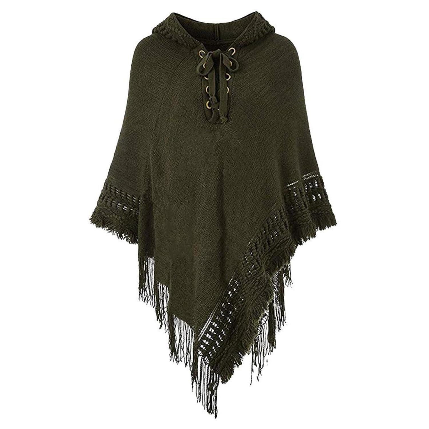 LuxusKollektion Poncho Poncho Damen Strick mit Kapuze Grün (1-St)