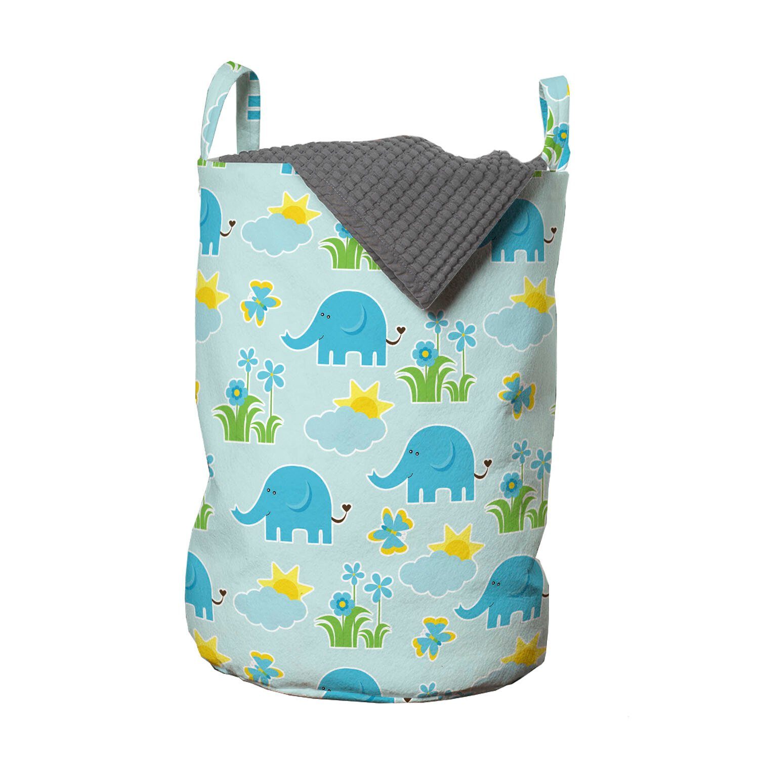 Abakuhaus Wäschesäckchen Wäschekorb mit Griffen Kordelzugverschluss für Waschsalons, Kindergarten Lustige blaue Elefanten Sommer