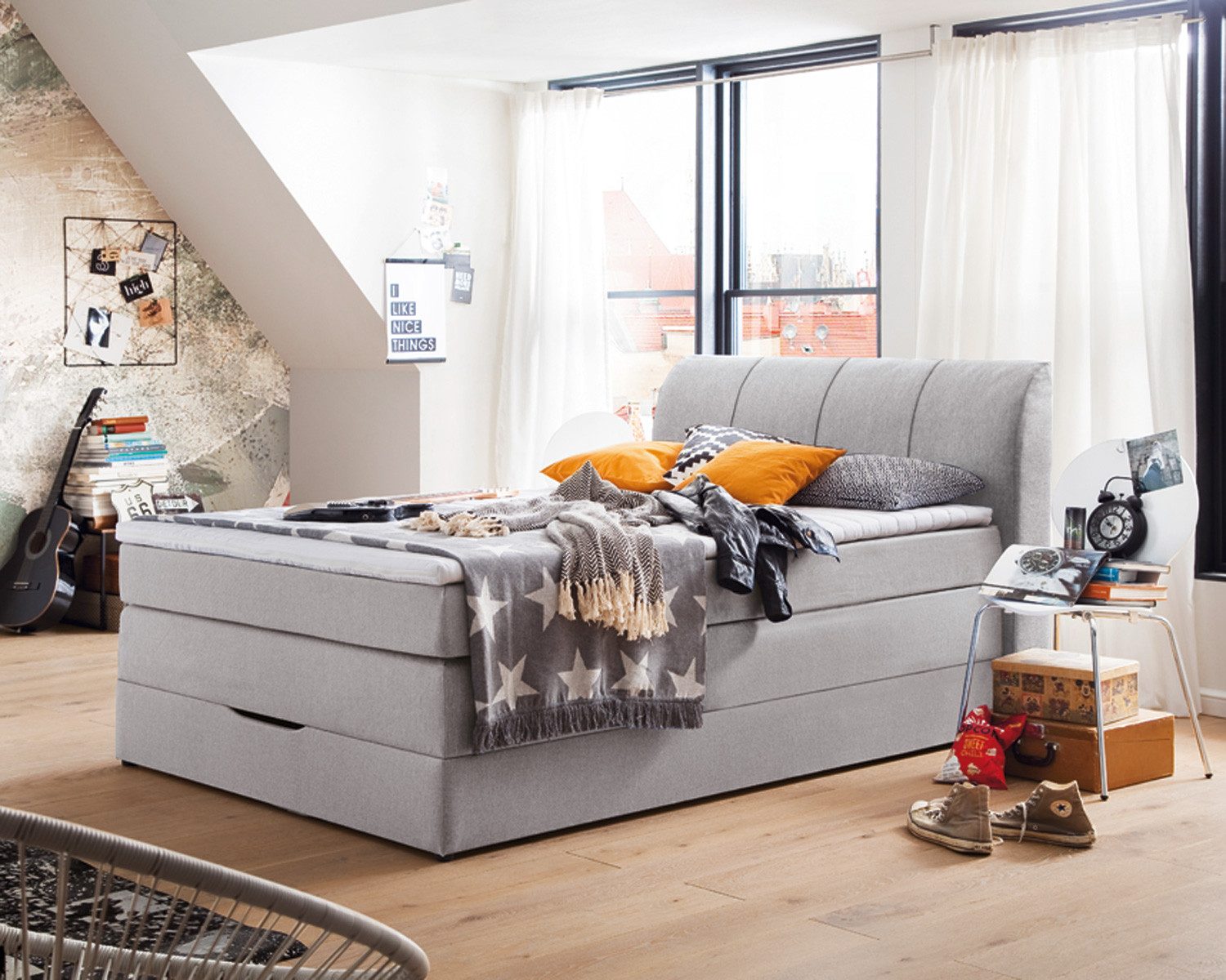 Sun Garden Boxspringbett Boxspringbett Modesto Stoff silber Topper 140x200 cm