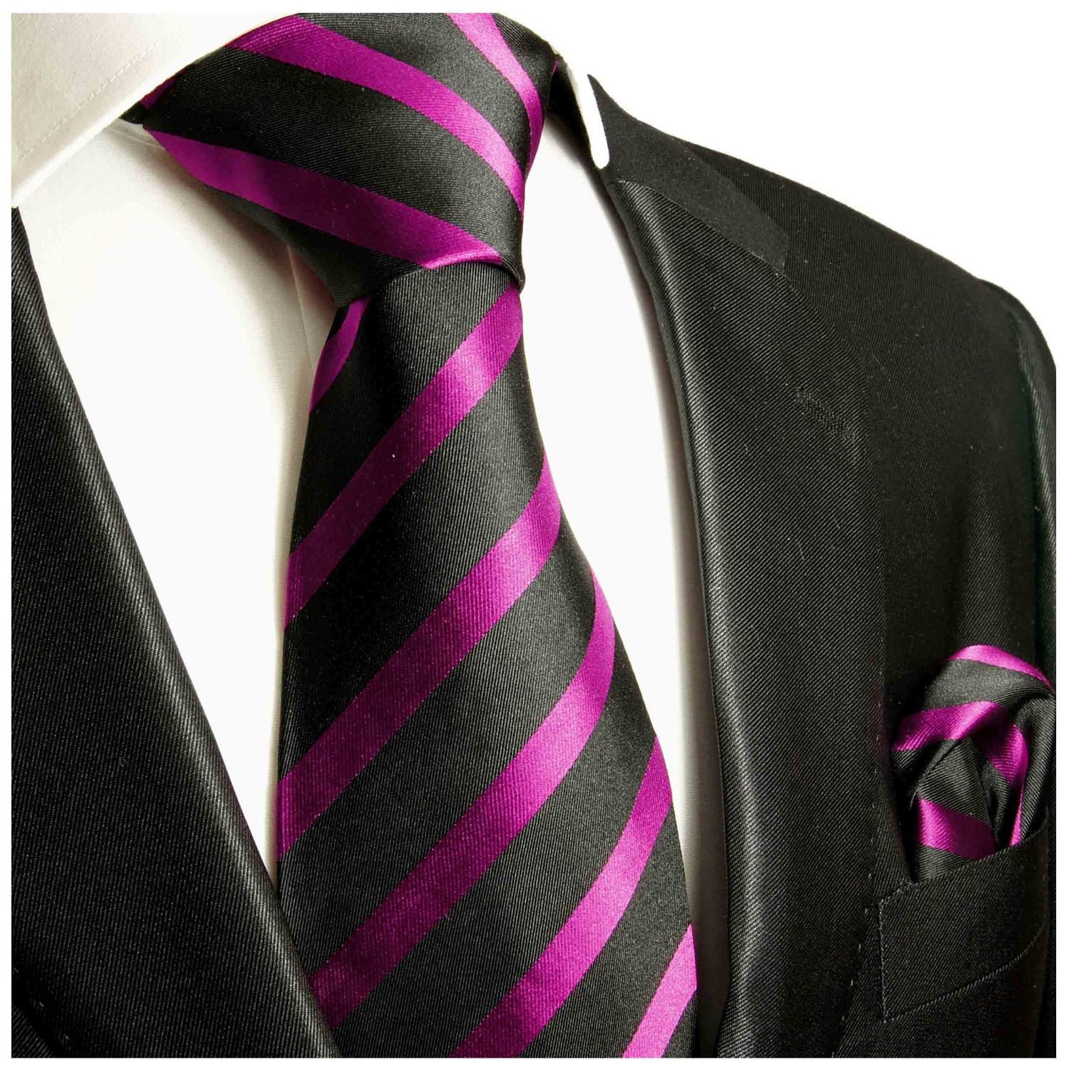Paul Malone Krawatte Krawatte mit Einstecktuch pink schwarz Herrenkrawatte diagonal Streifen 463