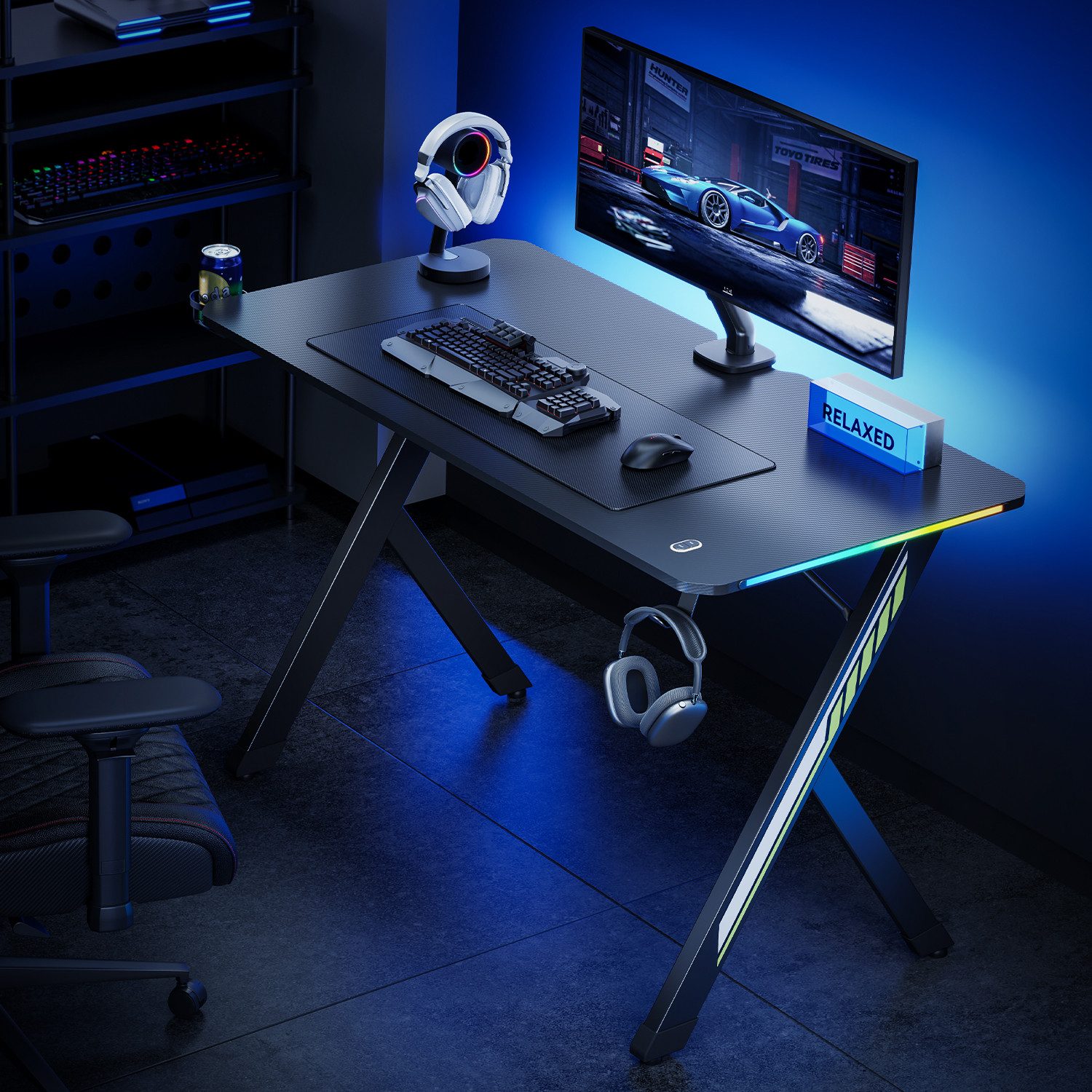 NanoRS Gamingtisch RS102 mit RGB-LED-Beleuchtung 120x60cm, mit Kopfhörer- und Becherhalter, Abmessungen 1200x600x750mm