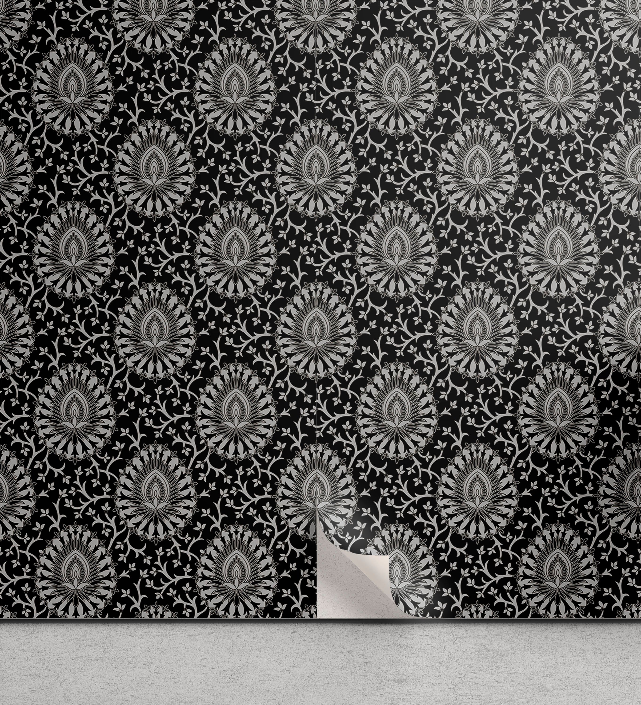 Abakuhaus Vinyltapete selbstklebendes Wohnzimmer Küchenakzent, Kohlengrau Damast-Inspired Art