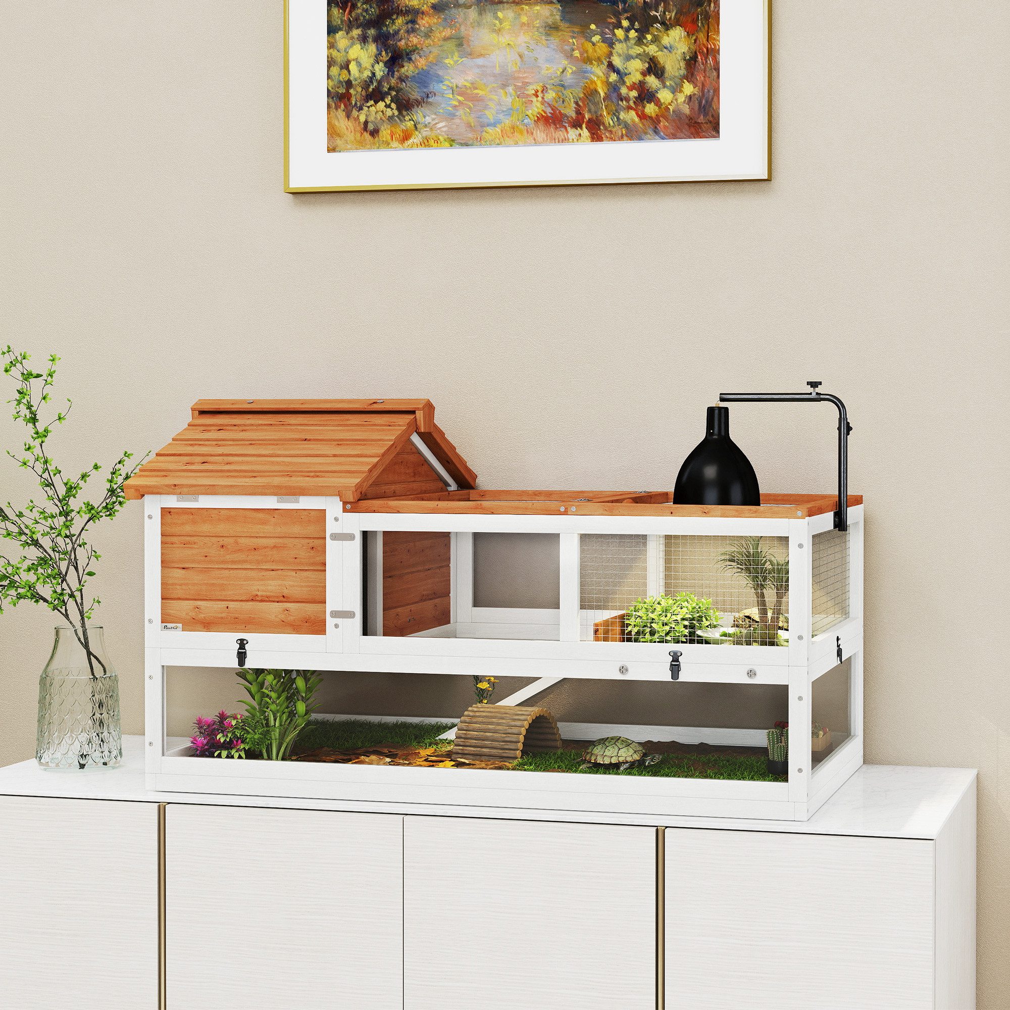 PawHut Kleintierstall Schildkrötenhaus mit zwei Haupthäusern, Lampenhalter, Terrarium, für Schildkröten Reptilien 116 x 70,5 x 69,5cm Orange