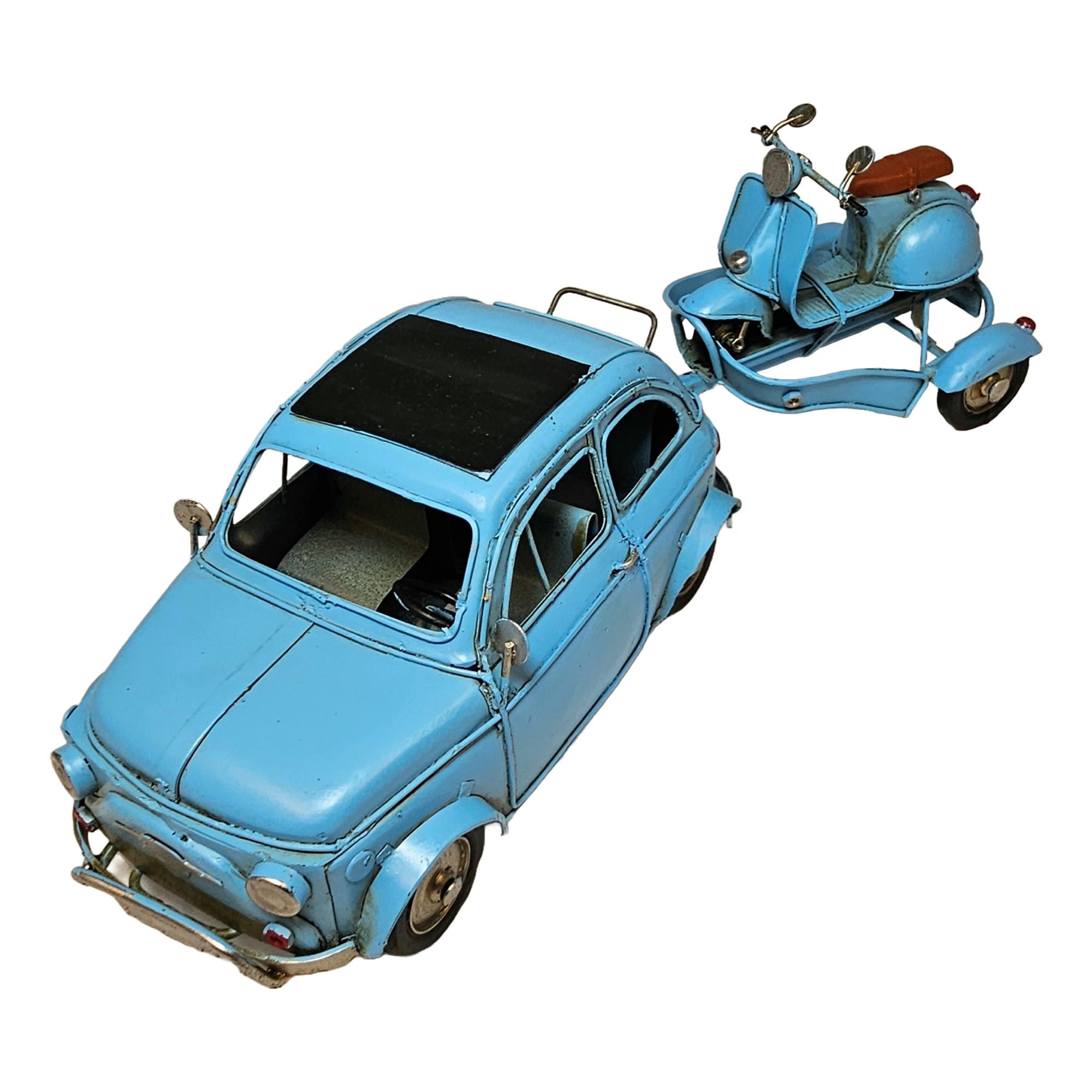 Dynasun Modellauto Car 2204E-8855, (1-tlg), Auto Car mit Anhänger und Motorrad 34cm aus Metall Vintage Automodell