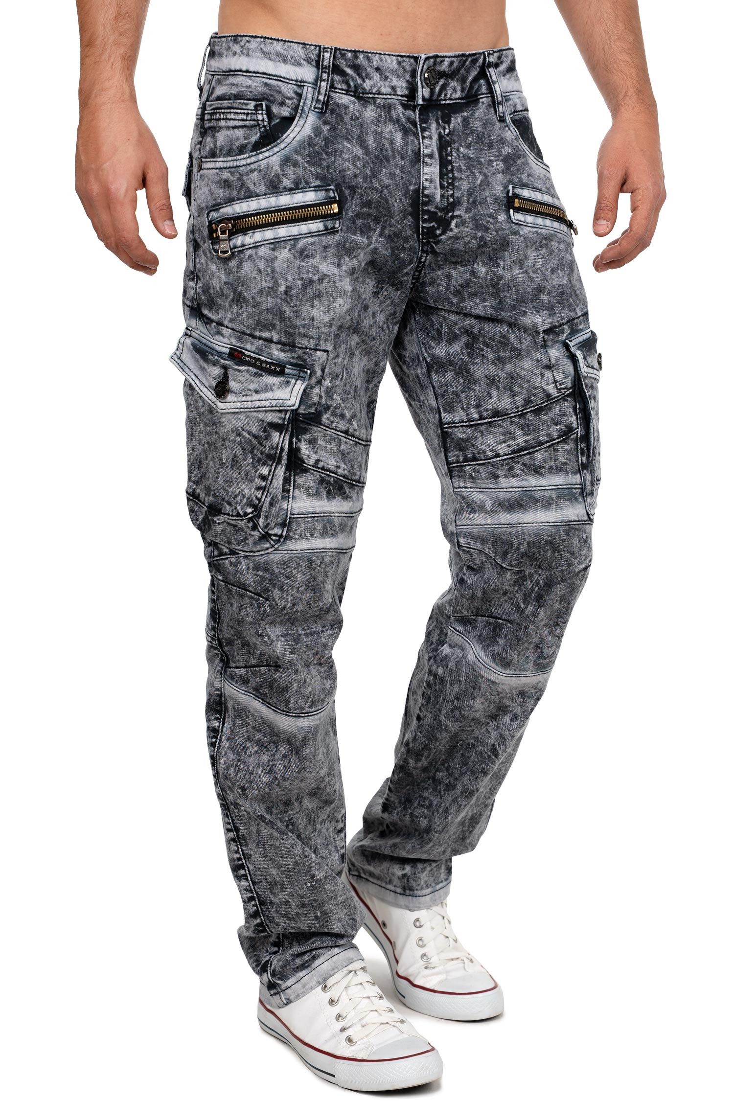 Cipo & Baxx Bikerjeans Herren Straight Fit Hose Stonewashed BA-CD780 Used-Waschung im Marmor-Look