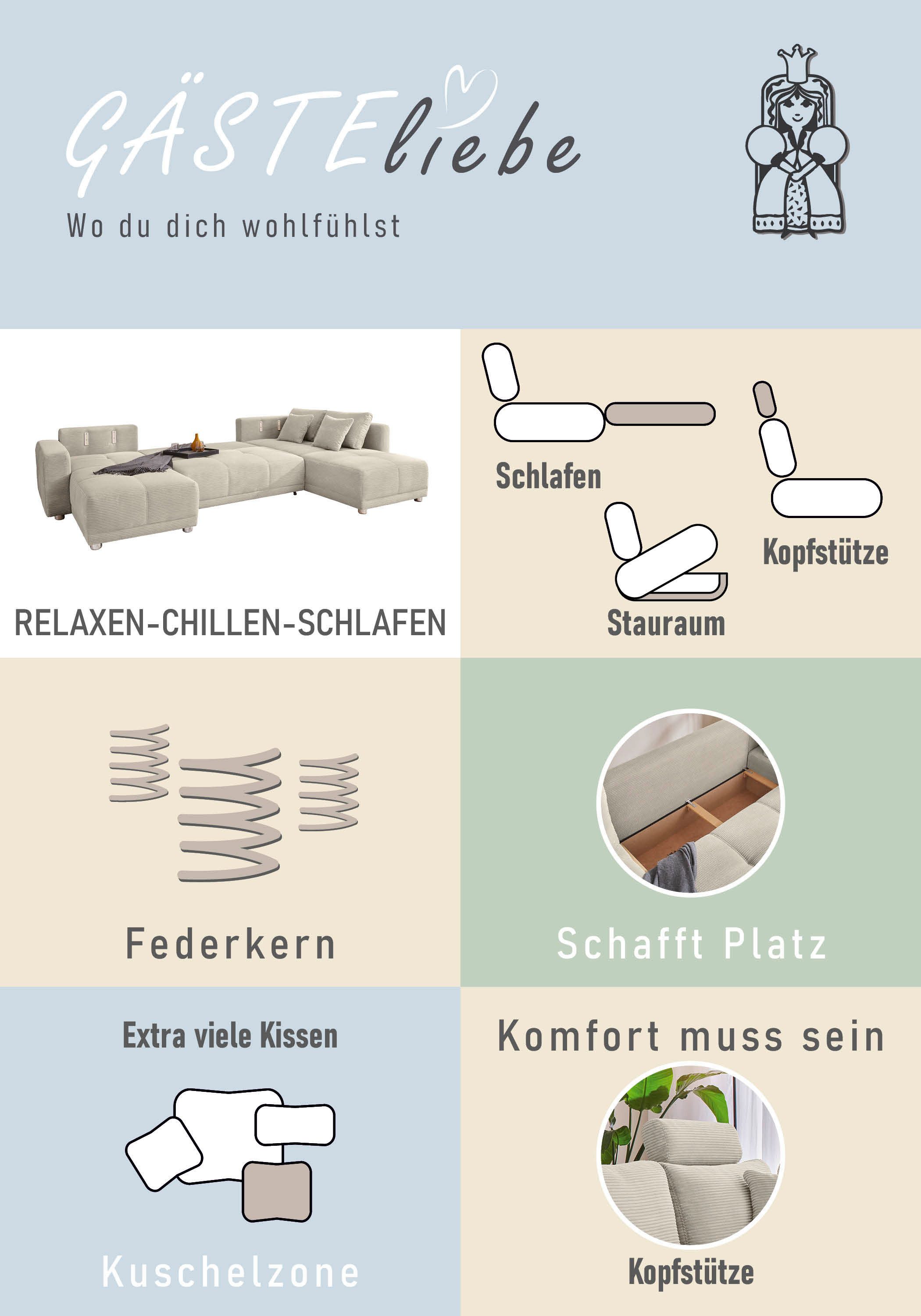 Jockenhöfer Gruppe Wohnlandschaft Orlando U-Form, B: 337 cm, mit Bettfunktion, Bettkasten, 2 Kopfstützen & 2 Zierkissen, Federkern