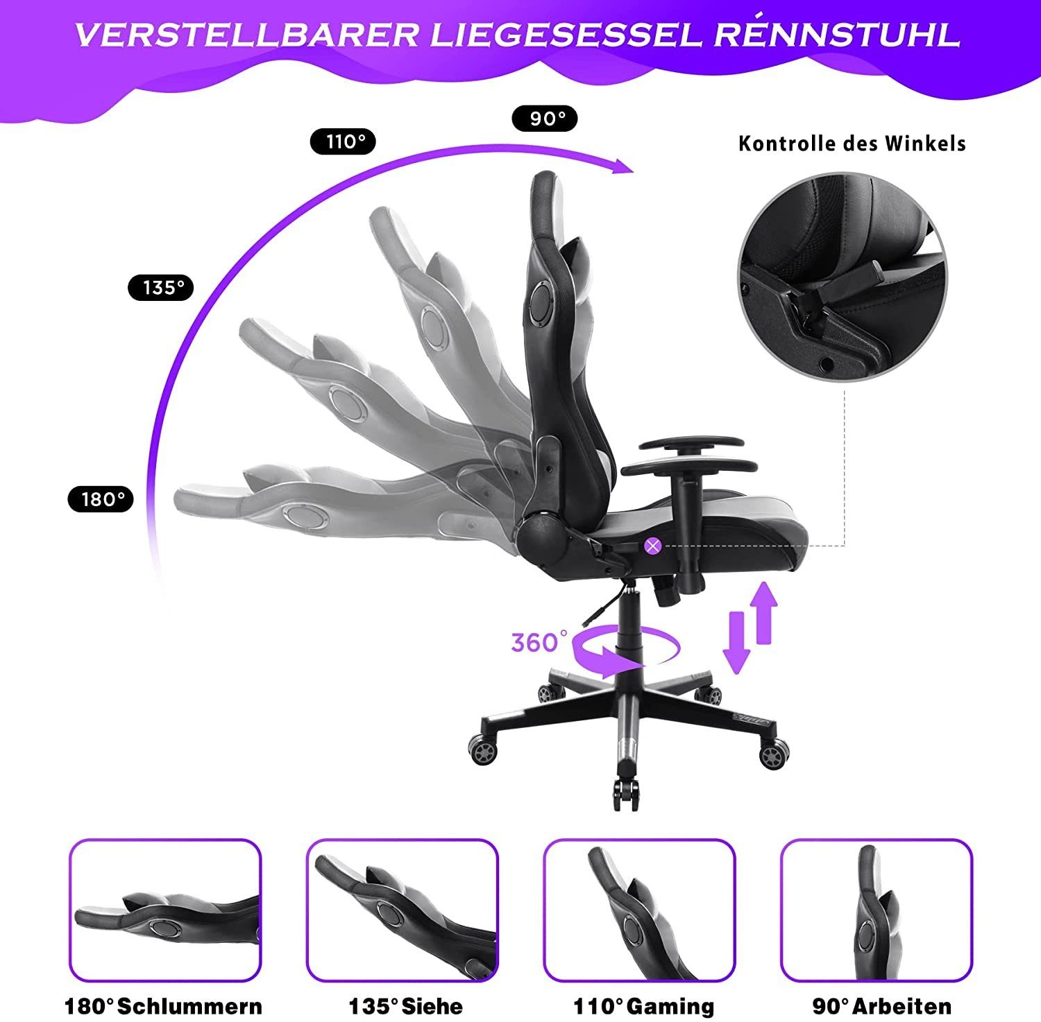 HomeMiYN Gaming Chair Gaming Stuhl LED-Leuchten Hoher Bürostuhl Lautsprechern Grau ergonomischer