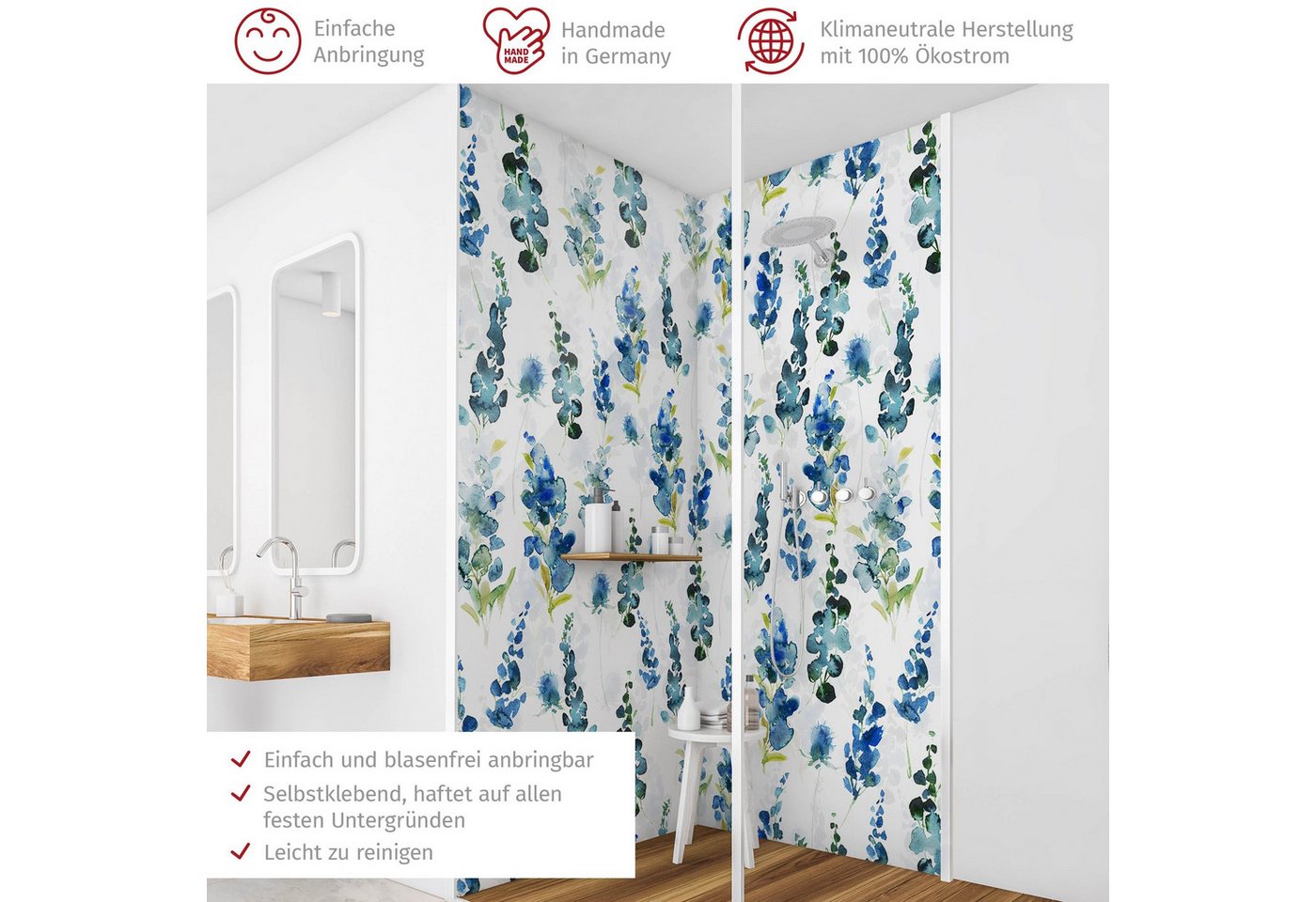 Thumbnail - Bilderdepot24 Badrückwand Aquarell blau Duschrückwand ohne Bohren Dusche Muster, (2-tlg., Hart-Folie Premium matt 0,61 m...