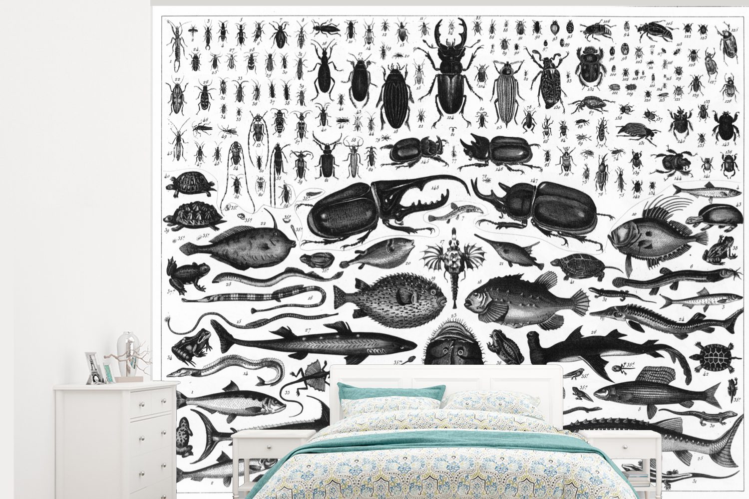 MuchoWow Fototapete Schwarz-Weiß-Abbildung von vielen Fischarten, Matt, bedruckt, (5 St), Montagefertig Vinyl Tapete für Wohnzimmer, Wandtapete | Fototapeten