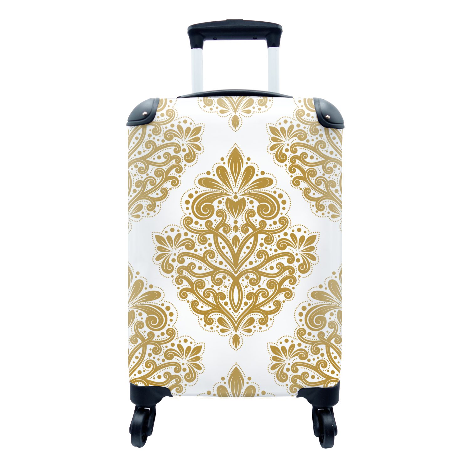 MuchoWow Handgepäckkoffer Vintage - Blumen - Gold - Muster, 4 Rollen, Reisetasche mit rollen, Handgepäck für Ferien, Trolley, Reisekoffer