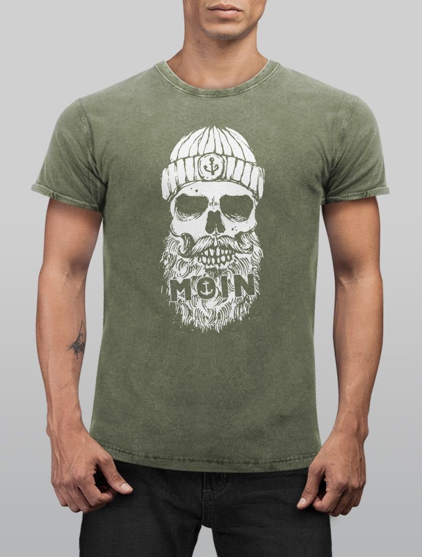 Neverless Skull Look Slim Fit Print-Shirt Used oliv Printshirt mit Neverless® Aufdruck Anker T-Shirt Shirt Moin Totenkopf Herren Print Vintage