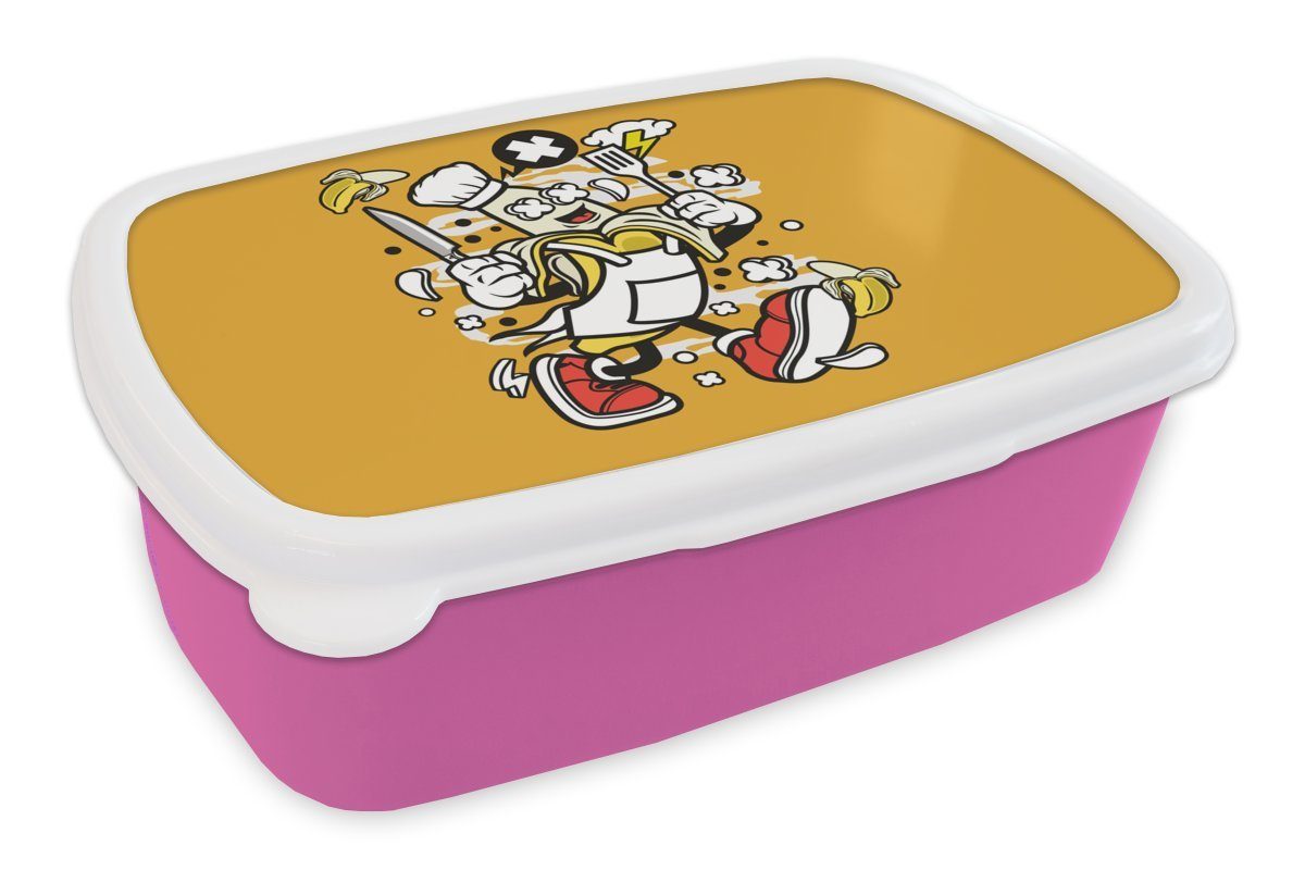 Snackbox, Brotbox Vintage - für MuchoWow rosa Kunststoff, - Mädchen, Lunchbox Brotdose Kunststoff Banane (2-tlg), Schürze, Erwachsene, Kinder,