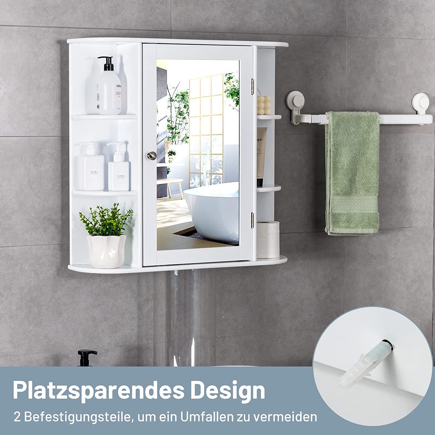 COSTWAY Spiegelschrank Badezimmerschrank mit Spiegeltür&Ablagen, hängend weiß – Bild 5 von 5