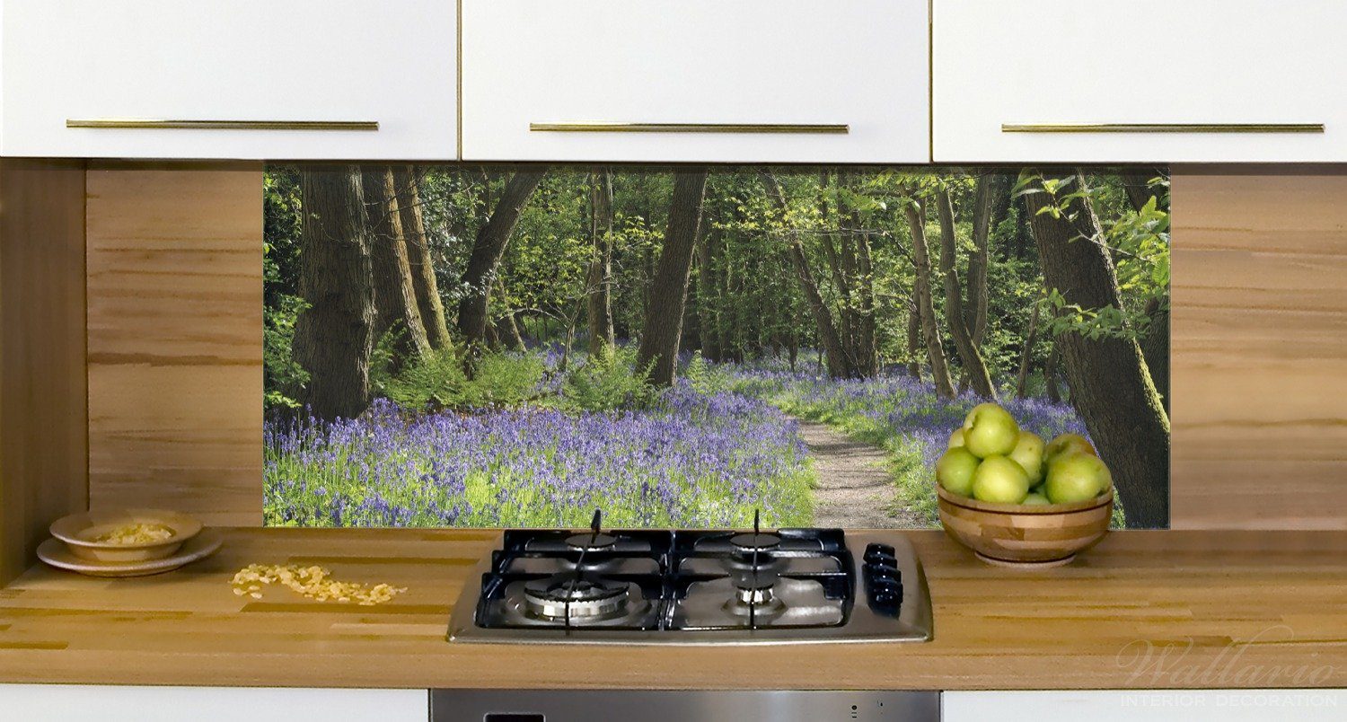 Wiese voller im blauer Wallario (1-tlg) Hasenglöckchen Wald, Küchenrückwand