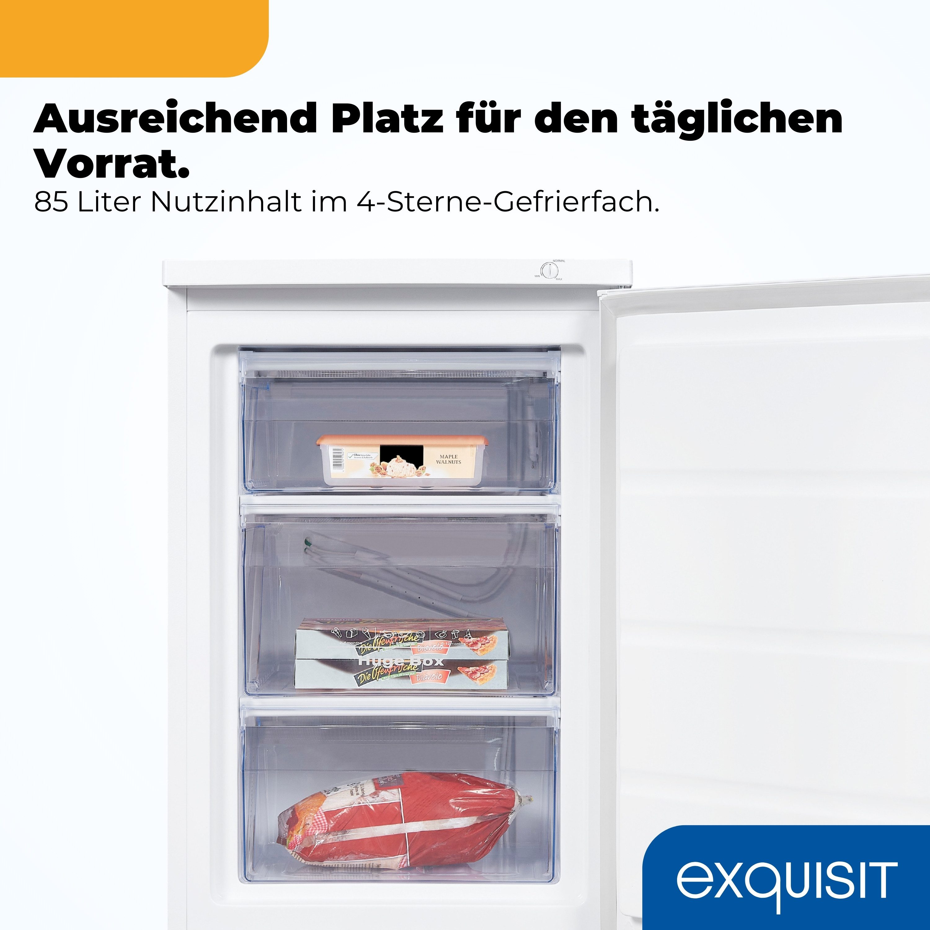 exquisit Gefrierschrank GS581-H-010D, 84.5 cm hoch, 56 cm breit, 85 l Nutzinhalt, Energieklasse D, 40 dB, 3 Schubladen – Bild 5 von 5