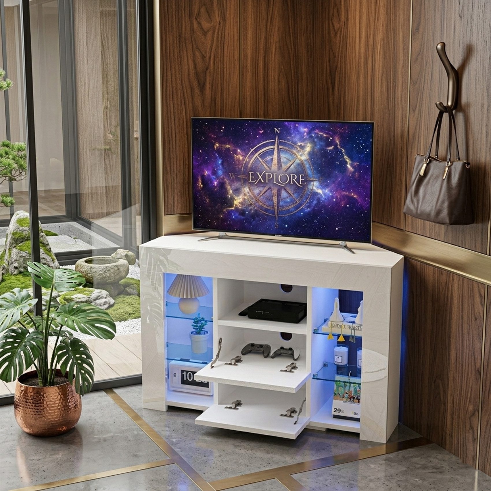 Dripex TV-Schrank TV Eckschrank Lowboard LED Weiß Hochglanz Eckkommode mit Beleuchtung – Bild 3 von 5