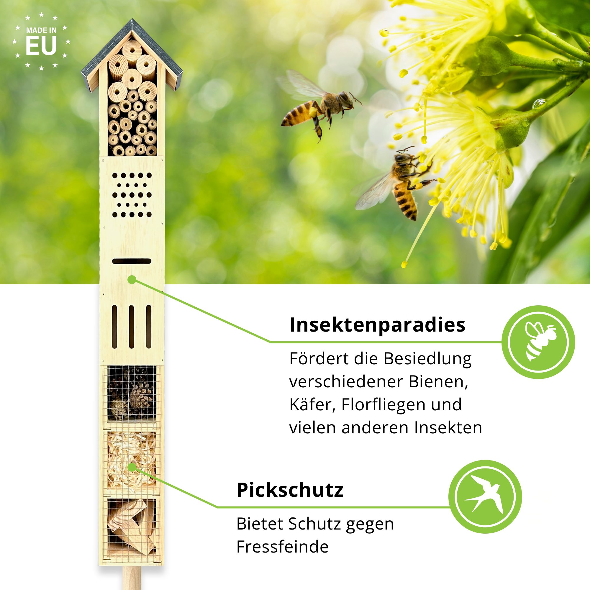 gartenetage Insektenhotel Freistehendes Insektenhotel aus Holz, (mit Erdspieß), Ideal für Wildbienen & Co – Wetterfest mit Bambus und Metalldach
