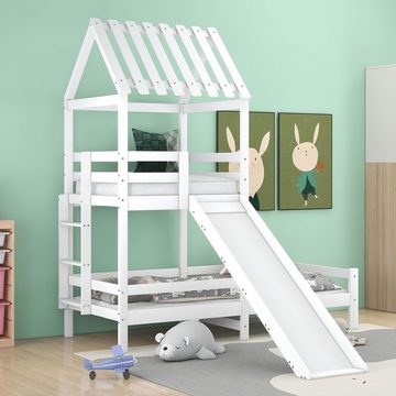 SOFTWEARY Kinderbett Hausbett mit Lattenrost, Spielturm, Rutsche und Leiter (90x200 cm), Holzbett, Einzelbett