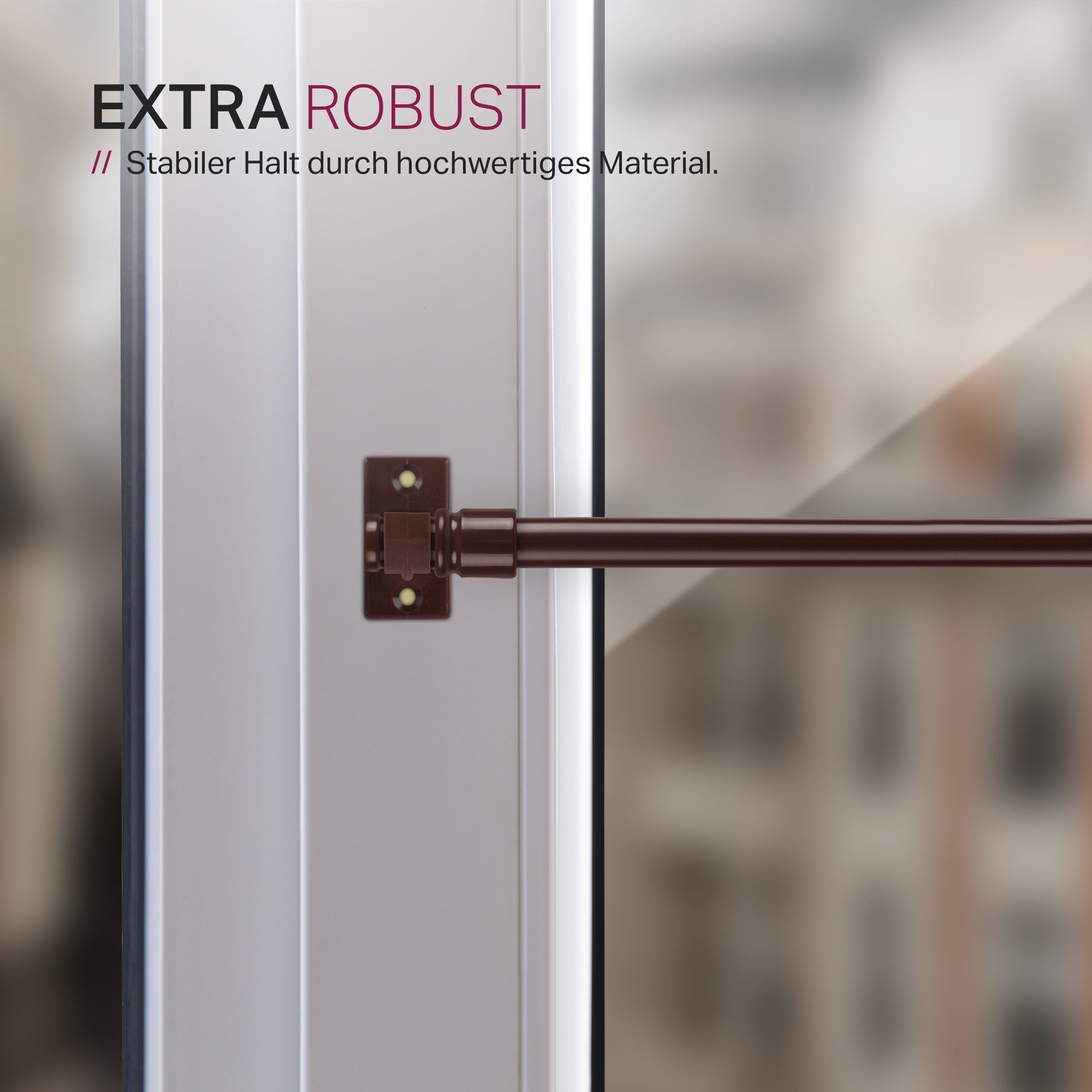 Bestlivings Caféhausstange aus Edelstahl für Bistro-, Scheiben- oder Küchengardinen, Ø 12 mm, 1-läufig, ausziehbar, ohne Bohren, geklebt, geklemmt, verschraubt, Metall, inkl. Trägerhaken, Selbstklebepads & Schrauben