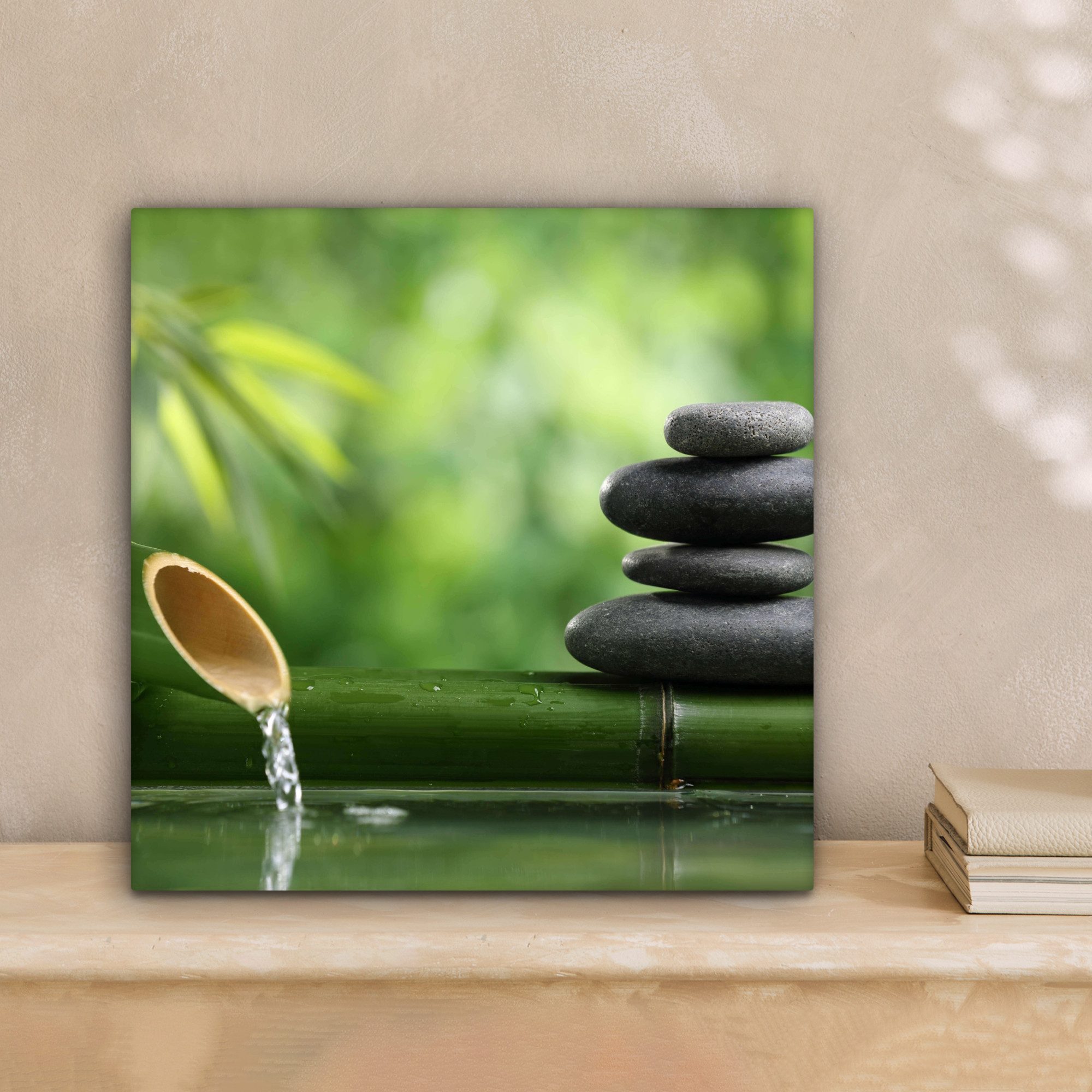OneMillionCanvasses® Leinwandbild Zen - Stein - Grün - Natur - Bambus, Fotodruck (1 St), Wandbild, Deko Schlafzimmer Wohnzimmer Flur 20x20 cm