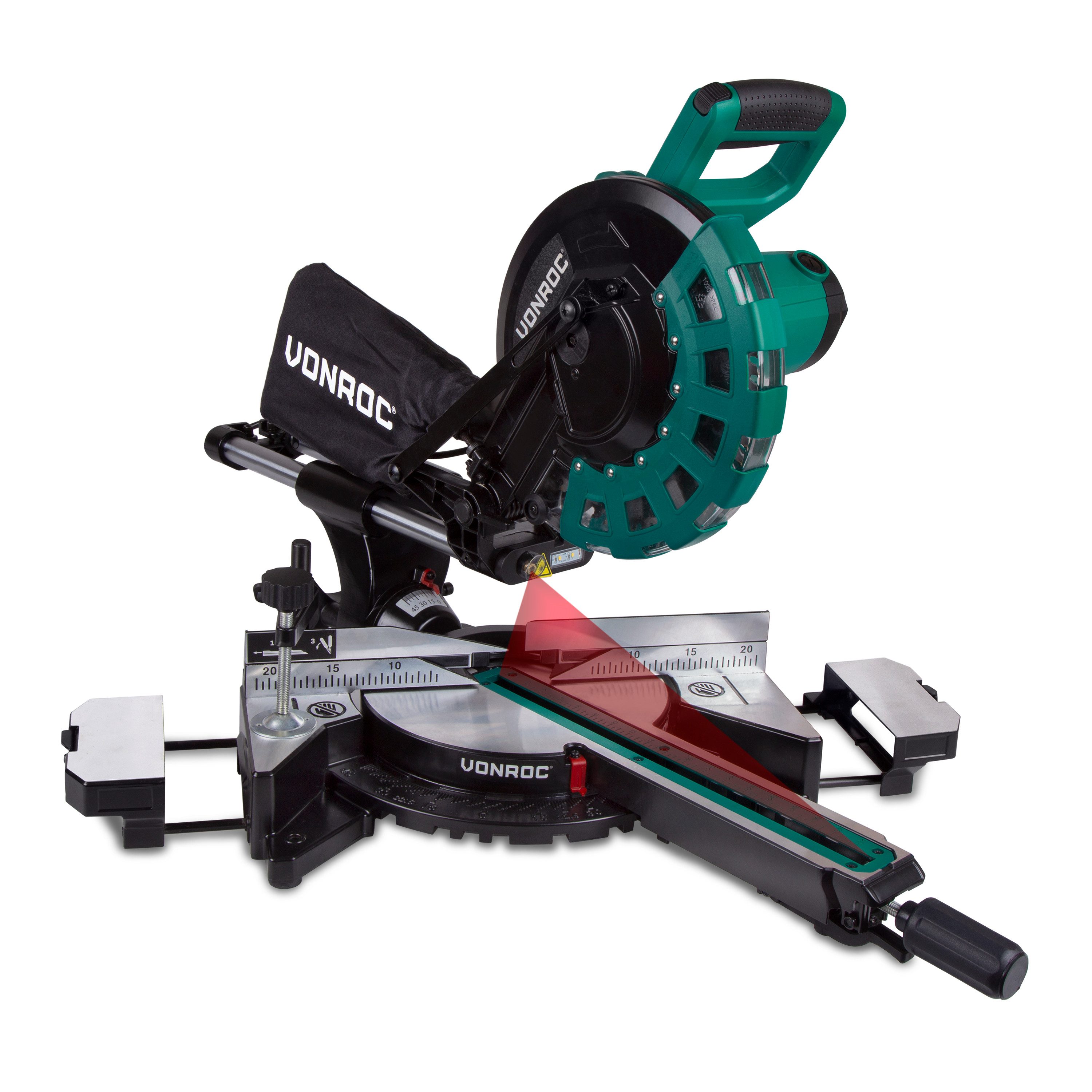 VONROC Gehrungssäge – Gehrungssäge – Gehrungssäge – 2200W – Ø254 mm – 4500 U/min, Verstellbare Tischverbreiter – Ziehfunktion – Längenstopp – Neigbar