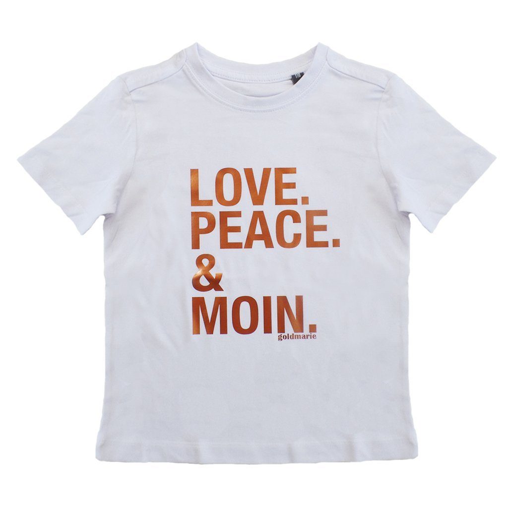 goldmarie T-Shirt LOVE PEACE MOIN für Kinder in weiß kupfer mit Frontprint