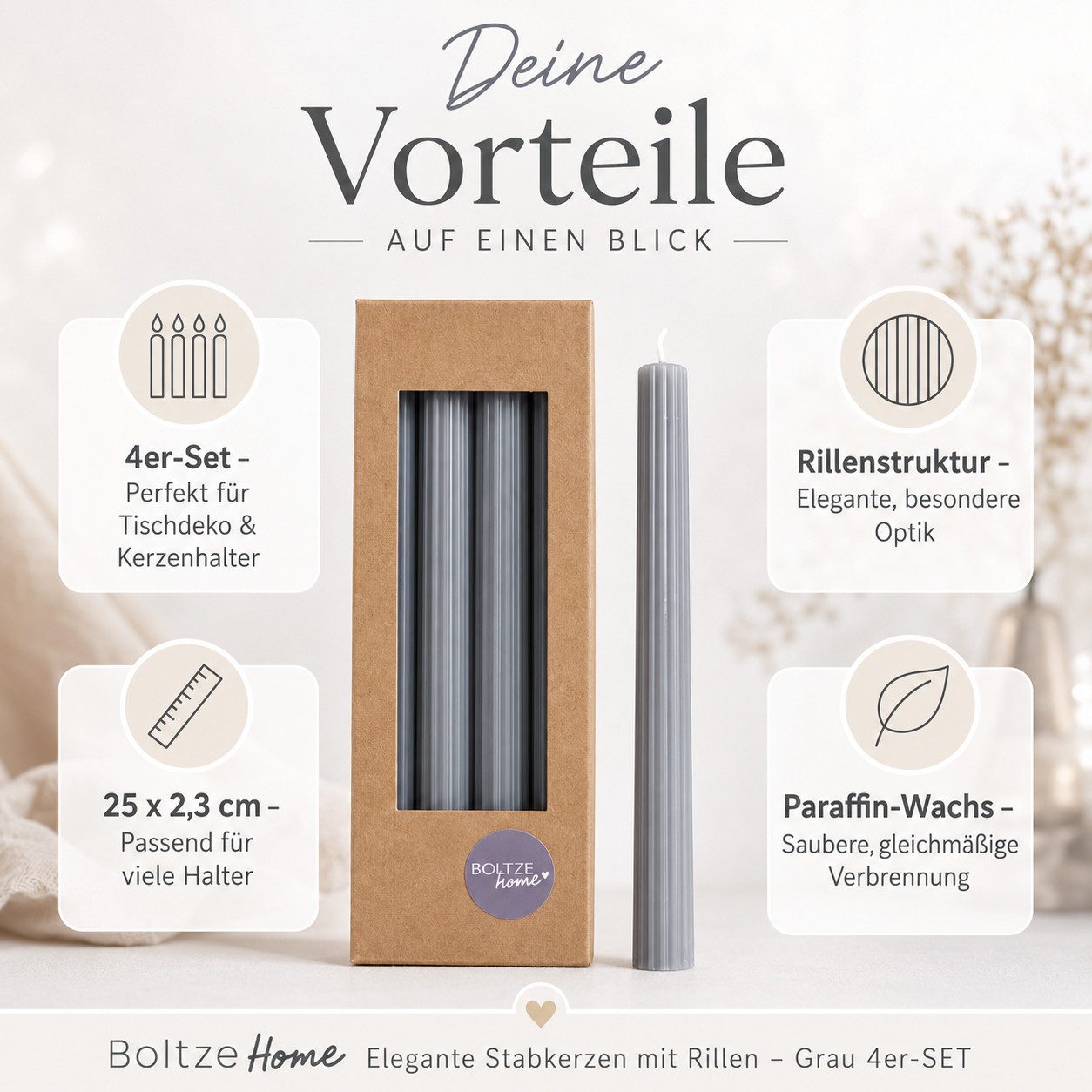 BOLTZE Tafelkerze Stabkerzen Klassik Grau 4er-Set mit Rillen 25 cm