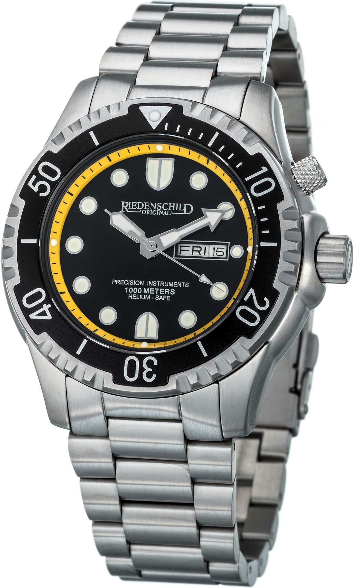 Riedenschild Taucheruhr RS8000-01, 100 ATM Wasserdicht, 46 mm Edelstahlgehäuse, (2 Armbänder (Silikon und Edelstahl) im Lieferumfang enthalten), Silikon- und Edelstahlarmband, Heliumventil, Profi-Taucheruhr