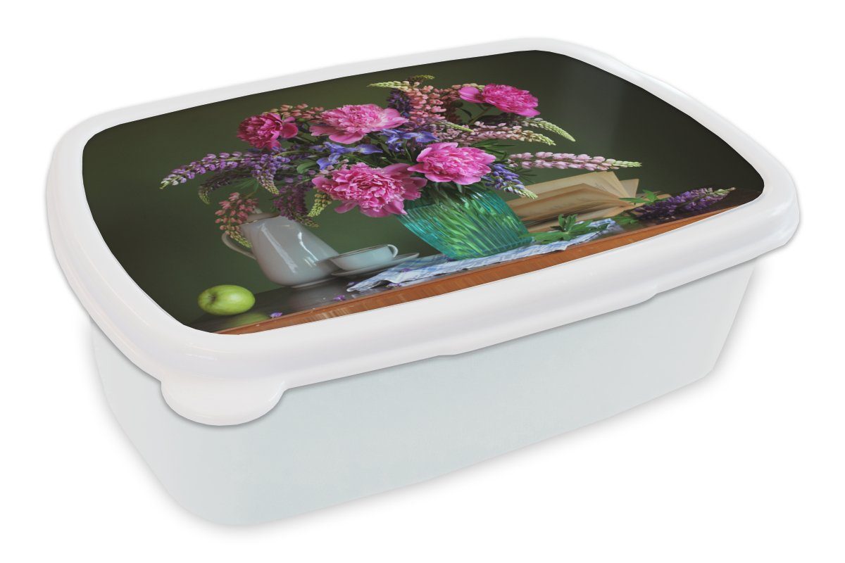 MuchoWow Lunchbox Tisch - Blumen - Stilleben, Kunststoff, (2-tlg), Brotbox für Kinder und Erwachsene, Brotdose, für Jungs und Mädchen weiß