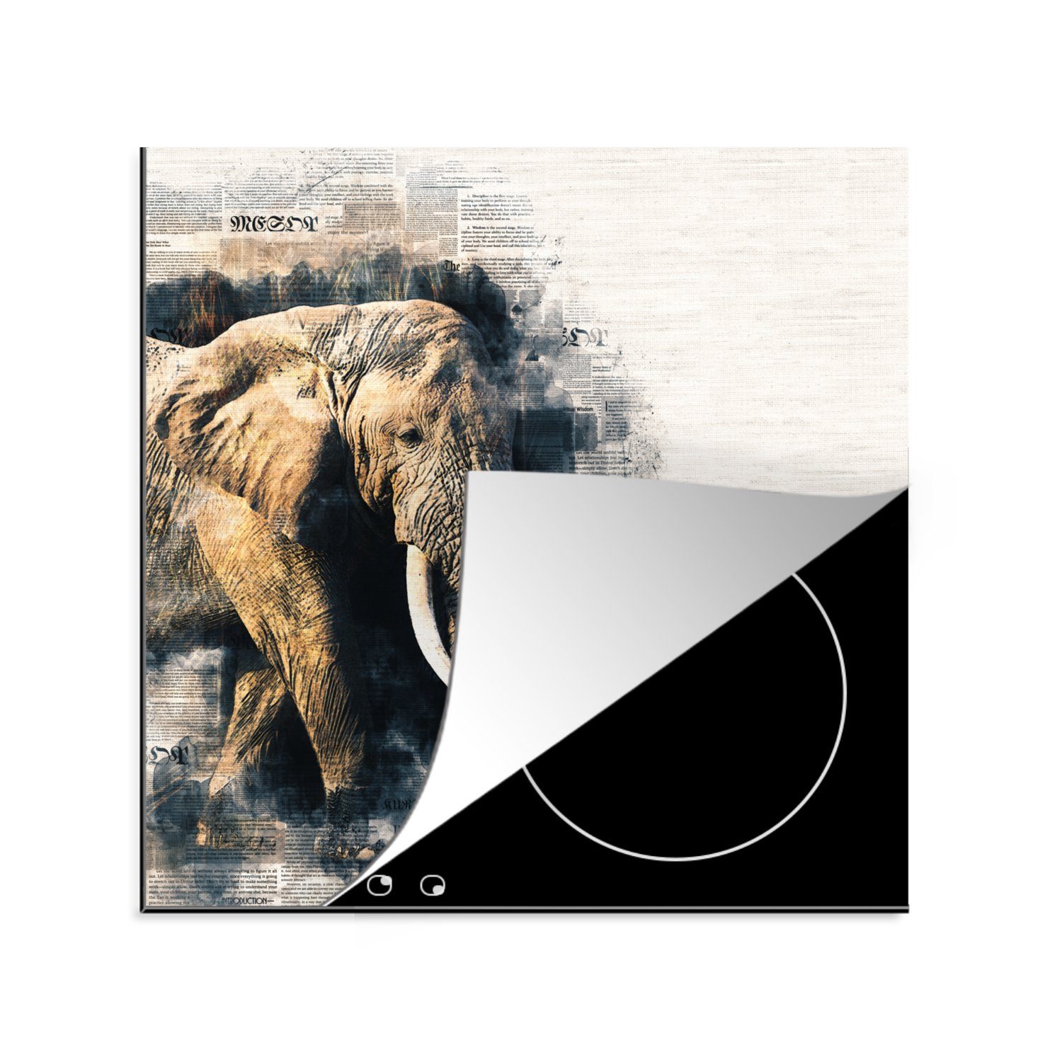 MuchoWow Herdblende-/Abdeckplatte Elefant - Papier - Farbe, Vinyl, (1 tlg), 78x78 cm, Ceranfeldabdeckung, Arbeitsplatte für küche