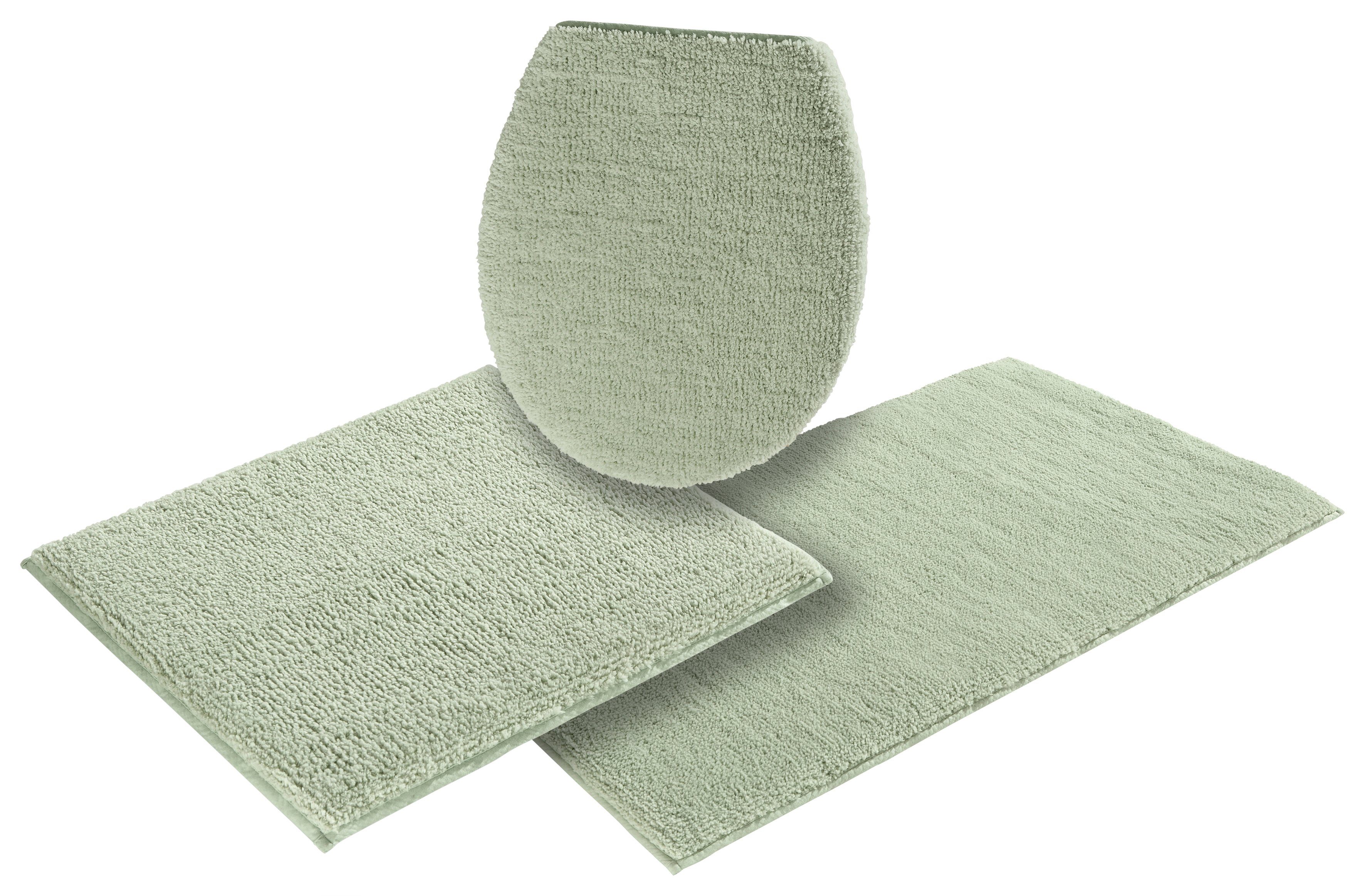 OTTO home Badematte Vanessa, Badvorleger, Badezimmer Teppich, Höhe 10 mm, rutschhemmend beschichtet, schnell trocknend, strapazierfähig, fußbodenheizungsgeeignet, Polyester, rechteckig, 3-tlg. Hänge-WC Set, Badteppich, weiche Haptik, unifarben