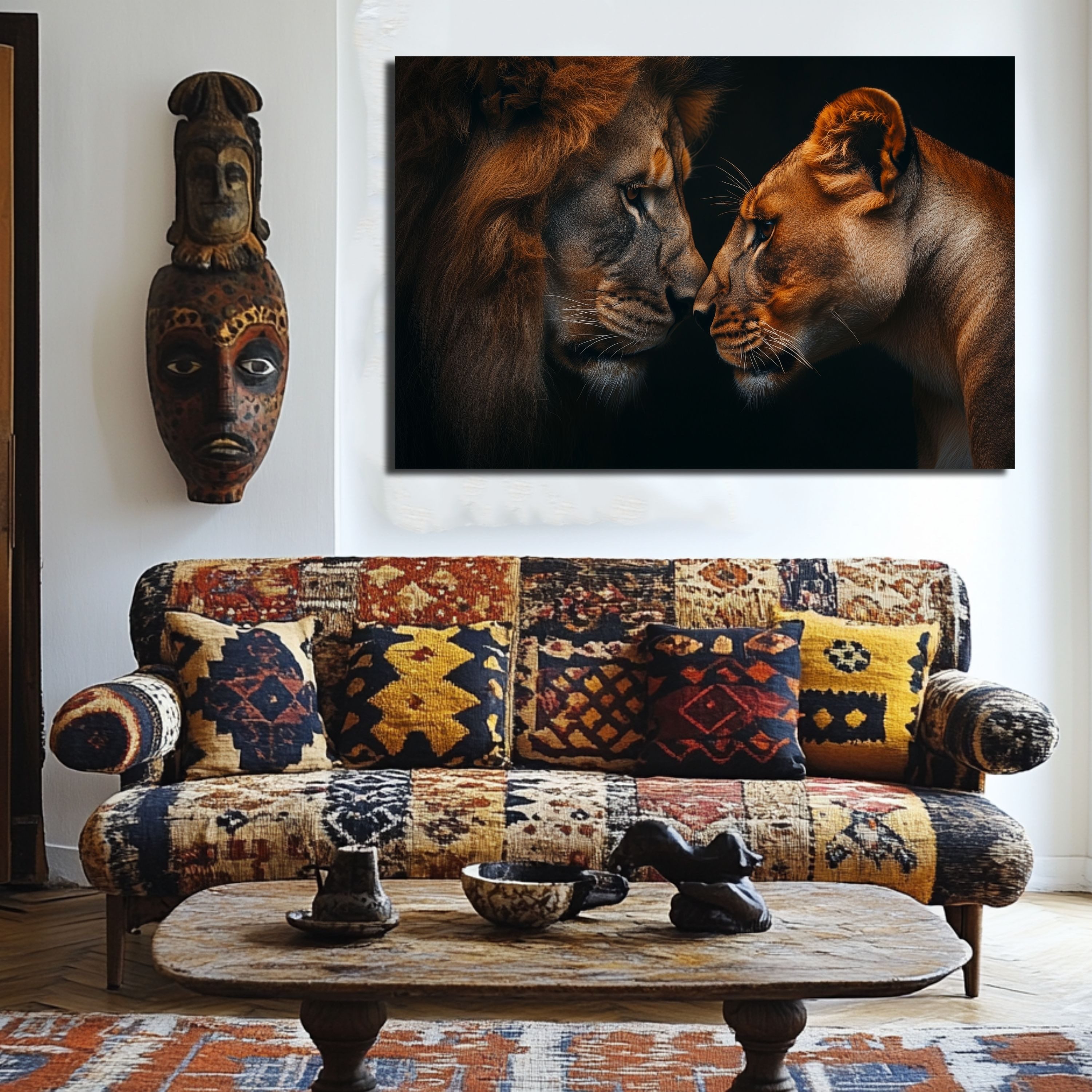 DARO Design Leinwandbild Modern Abstrakt Wandbilder XXL Wandbild Wand Deko Leinwand Bilder, (Löwenpaar Spiegelung - Bild groß Wohnzimmer Schlafzimmer Küche Essz – Bild 5 von 5