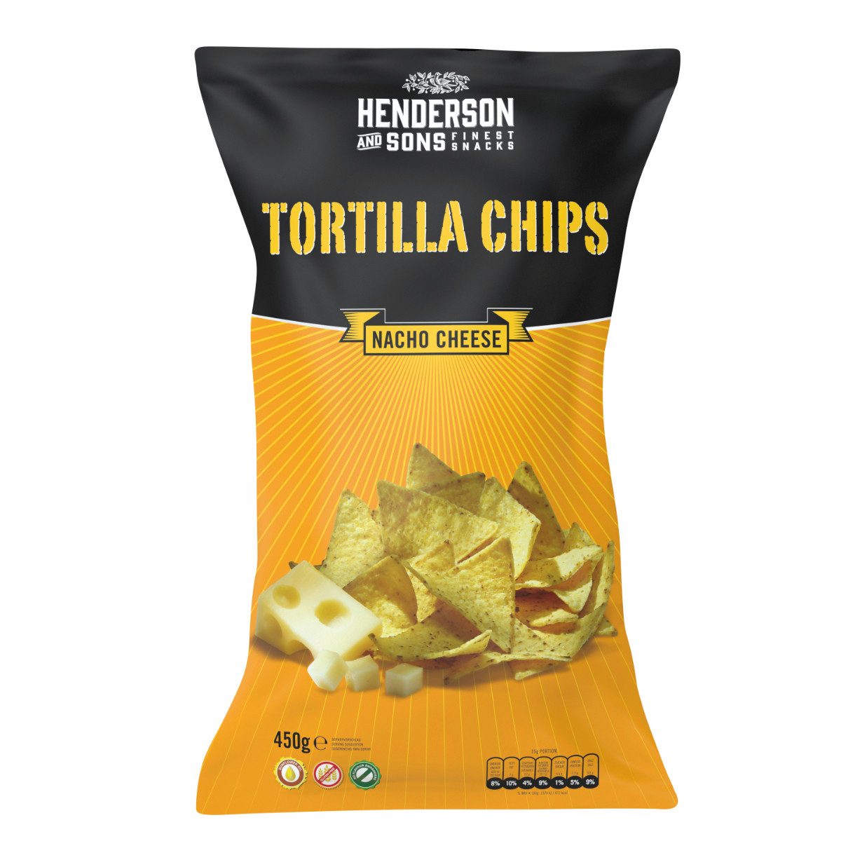HENDERSON & SONS Knabberei, Henderson and Sons Nacho Cheese Tortilla Chips glutenfrei 450g