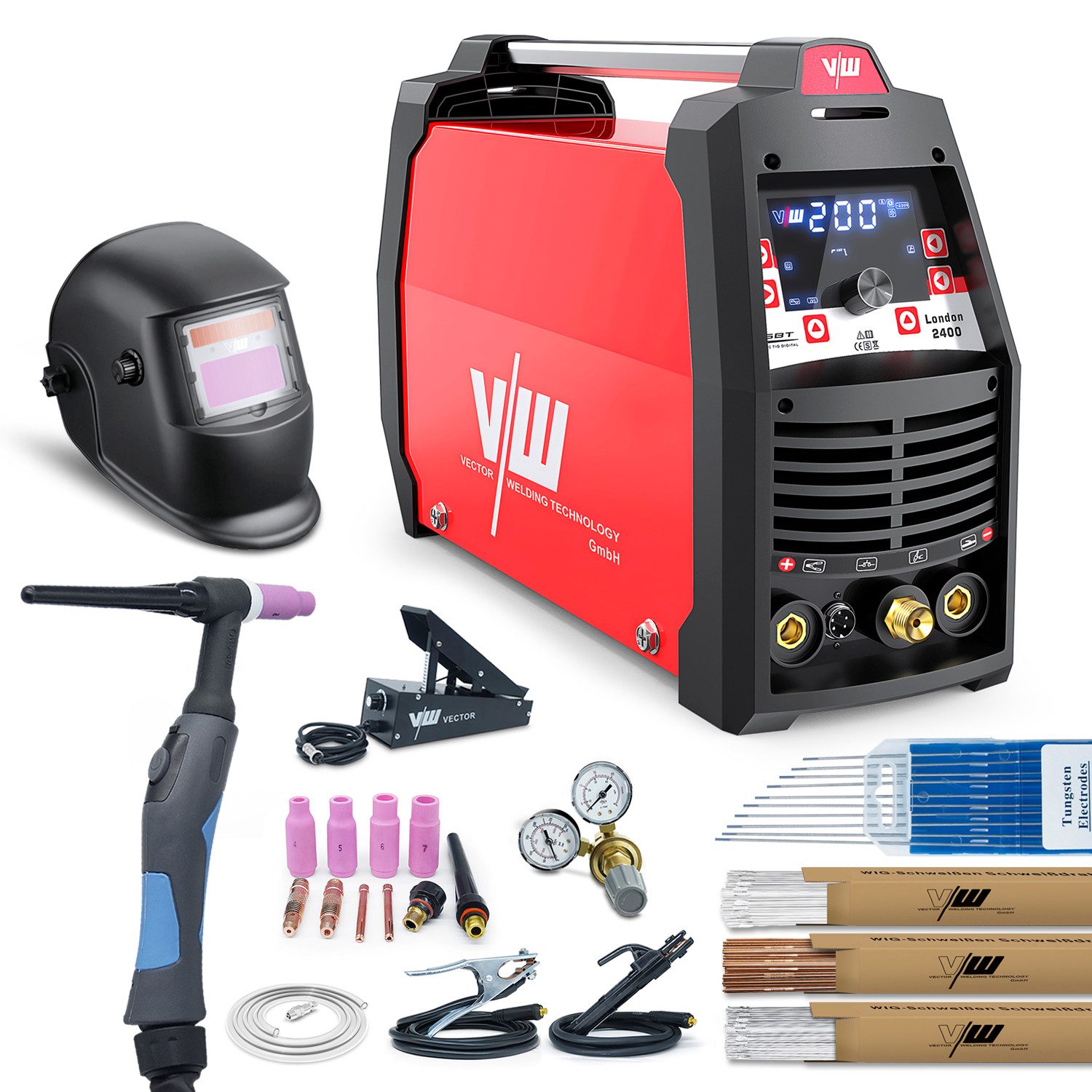 VECTOR WELDING Inverterschweißgerät SET AC/DC WIG 200A Puls MMA Schweißerhelm, Fußpedal, Zubehör