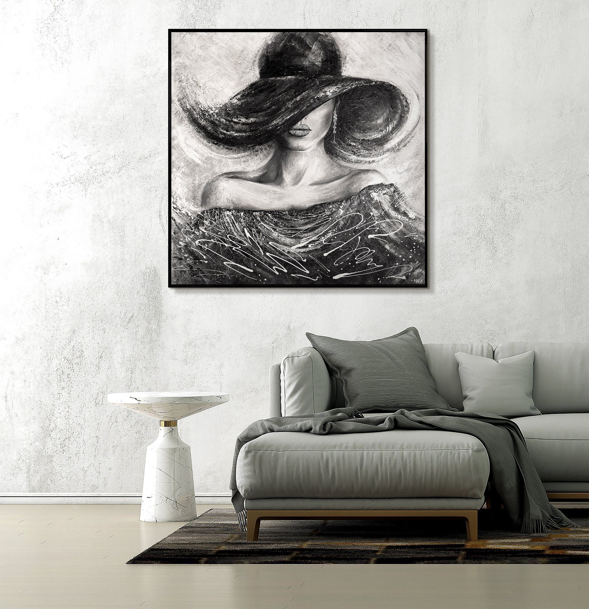 YS-Art Gemälde Charme, Menschen, Quadratisch Hut schwarz Handgemalt Bild Schwarz Leinwand Frau Mit mit in Rahmen