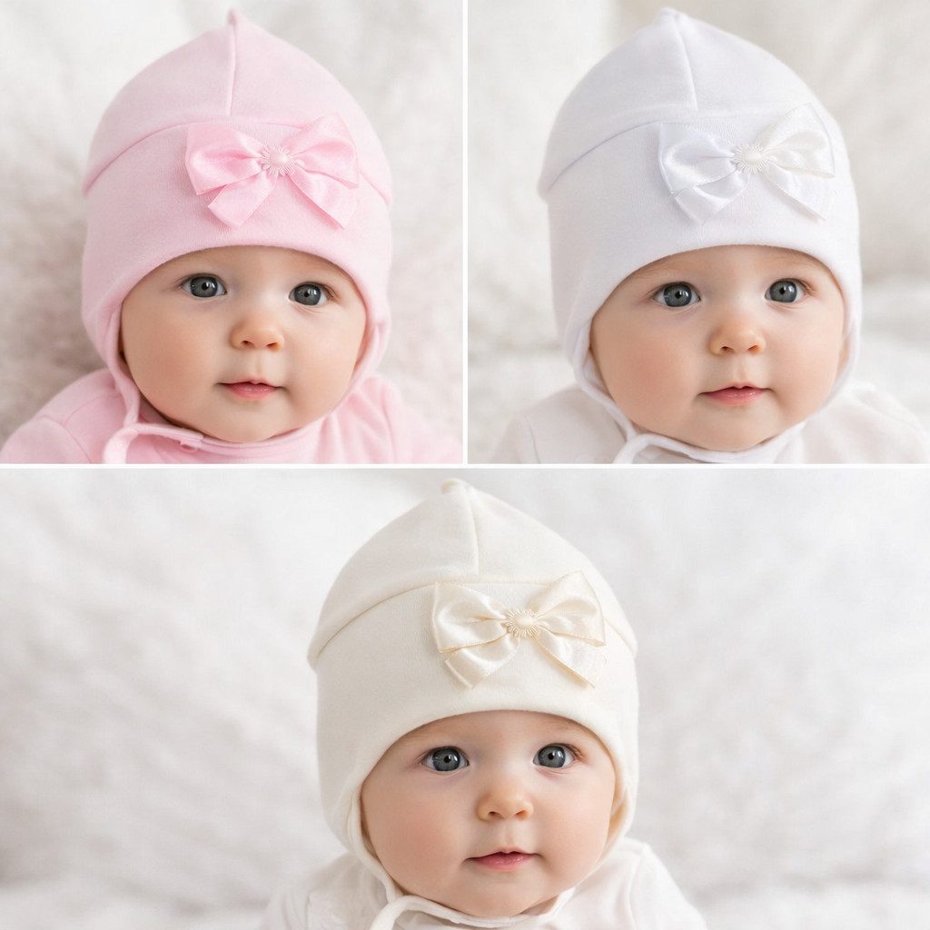 La Bortini Erstlingsmütze Baby Mützen 3er Pack creme weiß rosa für Neugeborene Mädchen (Spar-Set, Hauben für Neugeborene 3er Set) aus Baumwolle, 3 Stück Mützchen mit Schleifen