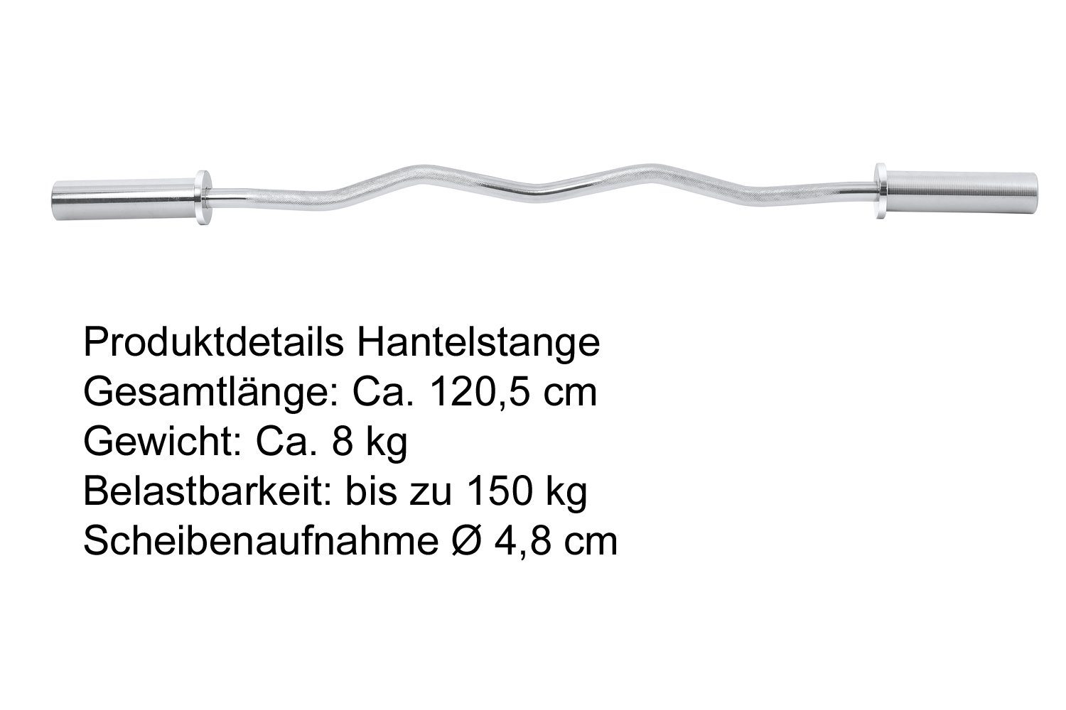 MIIGA Curlstange, Stahl, 120,50 cm Halteflächen, verchromte (1 Hantelklemmen), Hantelstange und x Geriffelte Curlstange Fixierklemmen