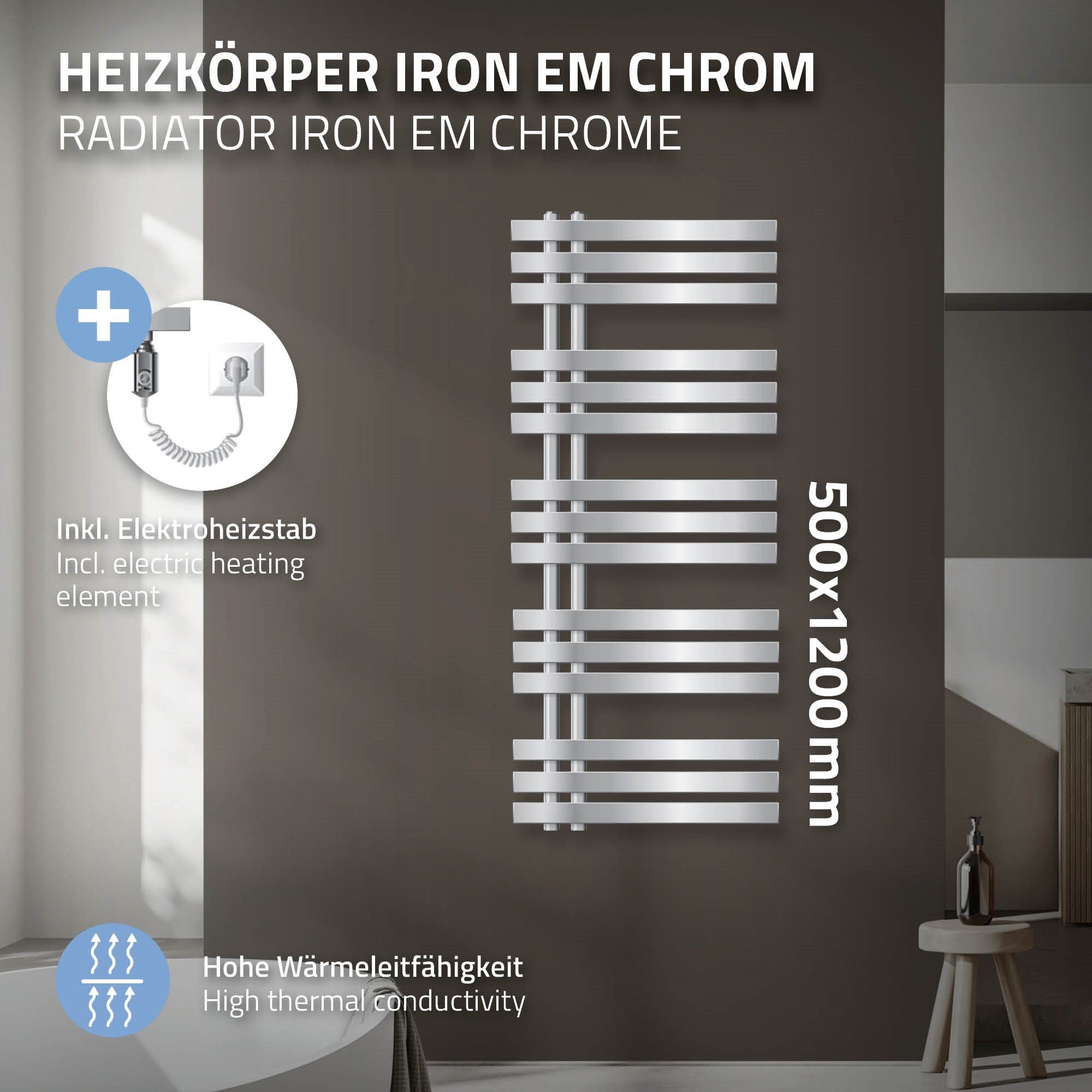 LuxeBath Elektrischer Iron 500x1200mm Heizkörper Chrom Paneelheizkörper Badheizkörper Handtuchtrockner, 900W Heizstab EM Designheizkörper