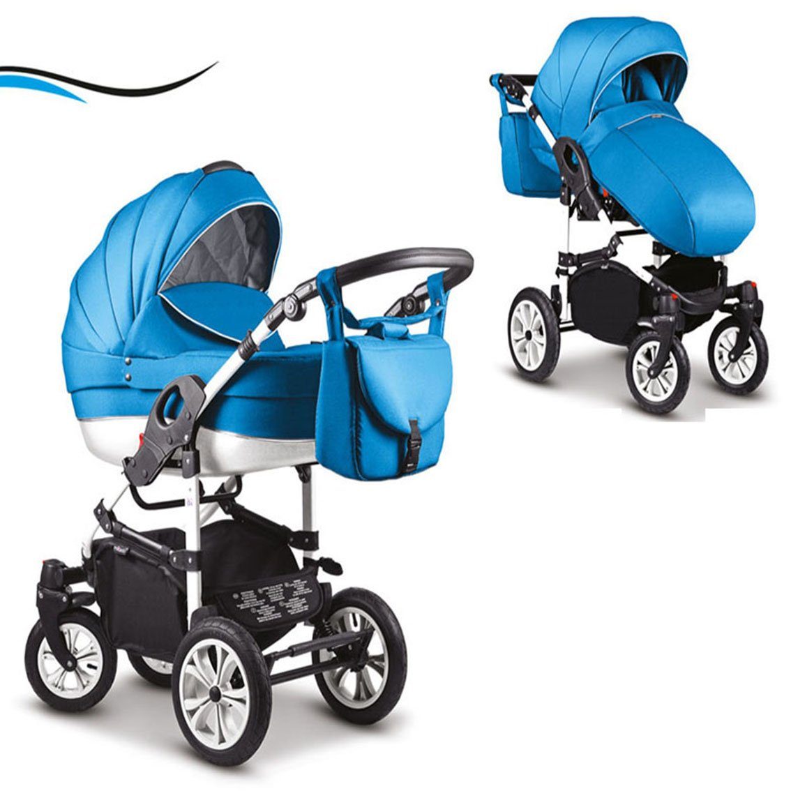 babies-on-wheels Kombi-Kinderwagen 2 in 1 Kinderwagen-Set Cosmo - 13 Teile - in 16 Farben Türkis-Weiß