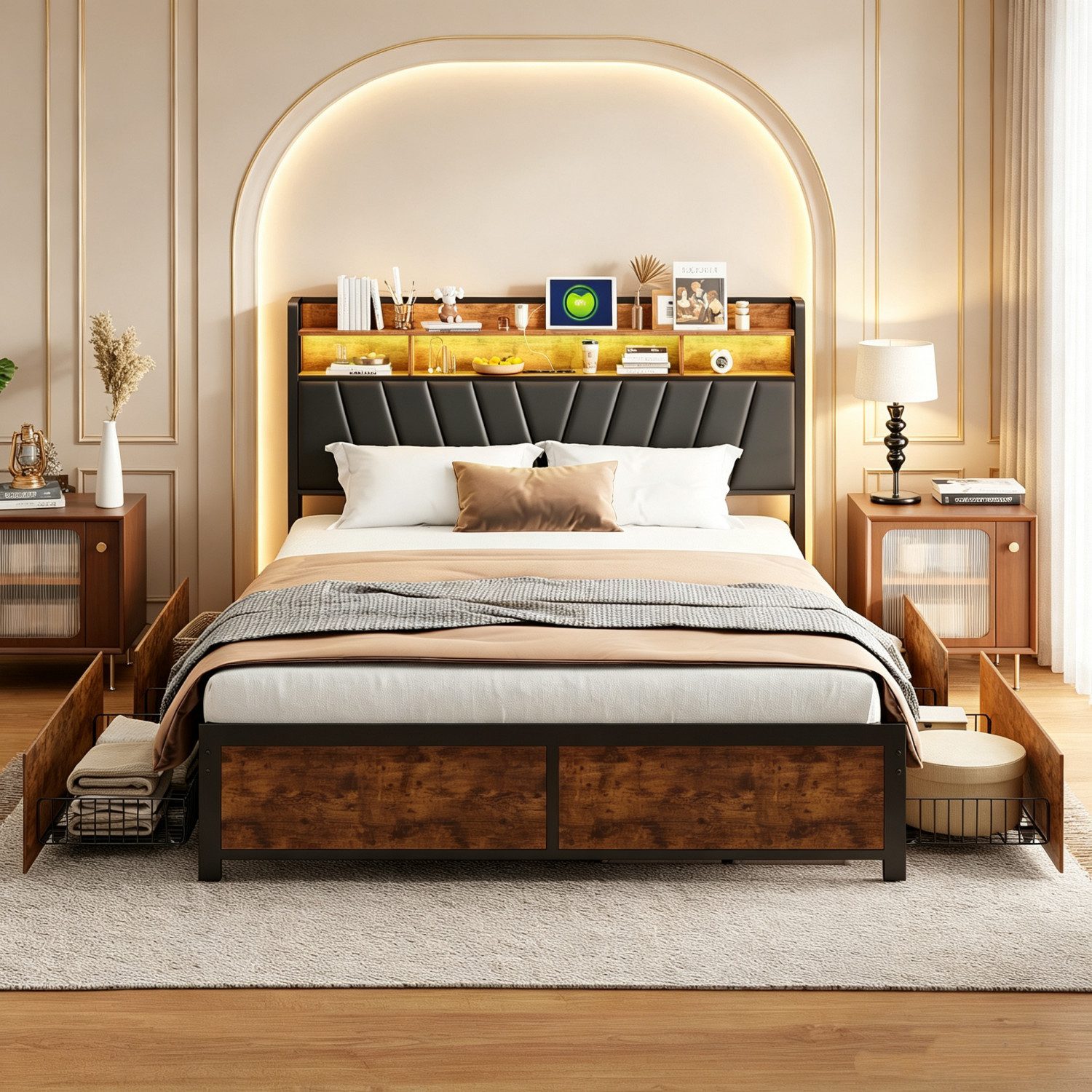 Simurq Bett Polsterbett mit Stauraum, Doppelbett mit LED & USB,Stahl Holz (Stauraumbett mit 4 Schubladen,Doppelbett mit Stauraum Kopfteil), Massivholzbett mit PU-gepolstertem Kopfteil und Lattenrost.160x200cm