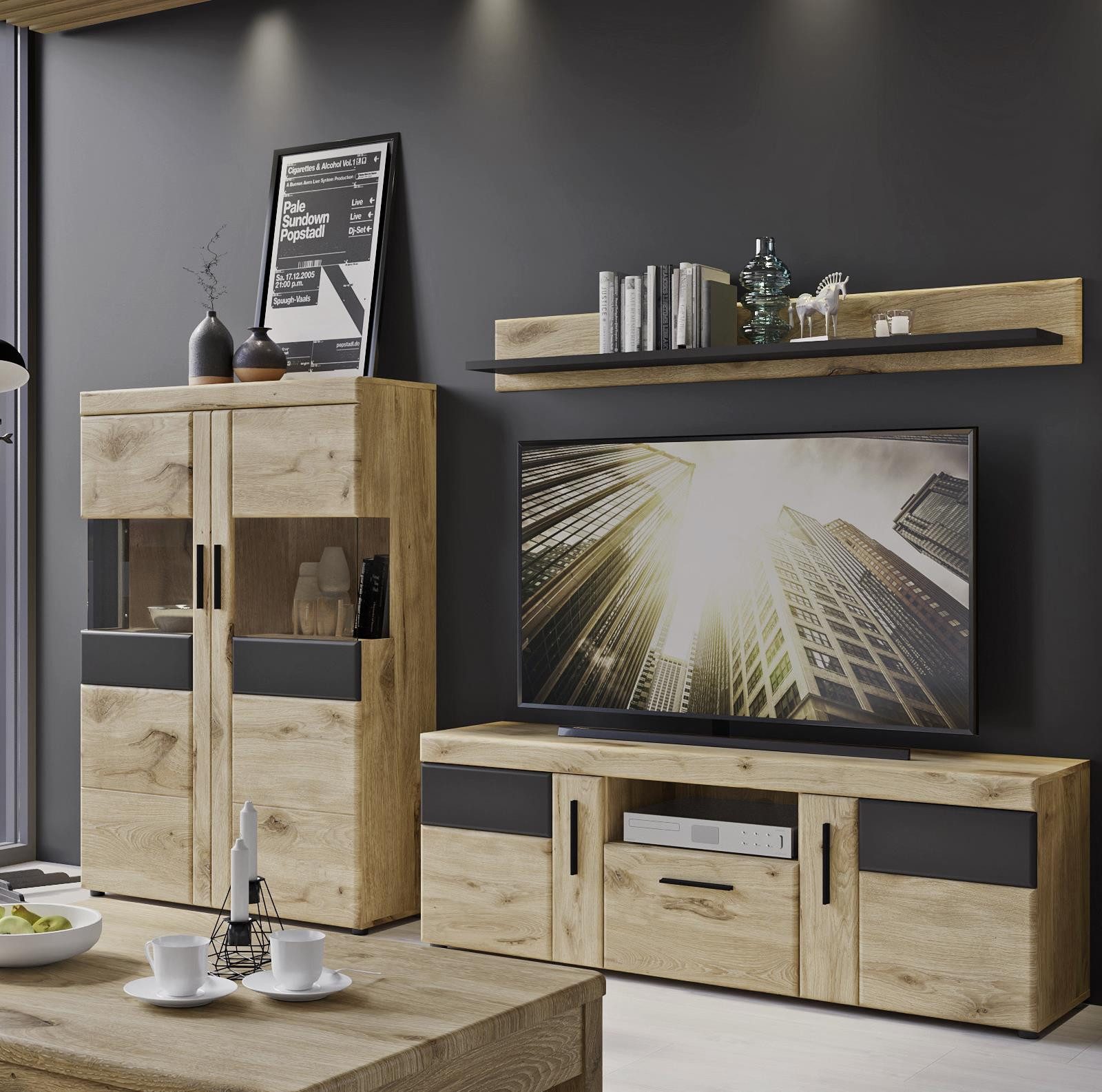 freiraum Wohnwand Grano, (3-teilig), (3-teilig) in Viking Eiche Dekor - 259x170x41 (BxHxT)