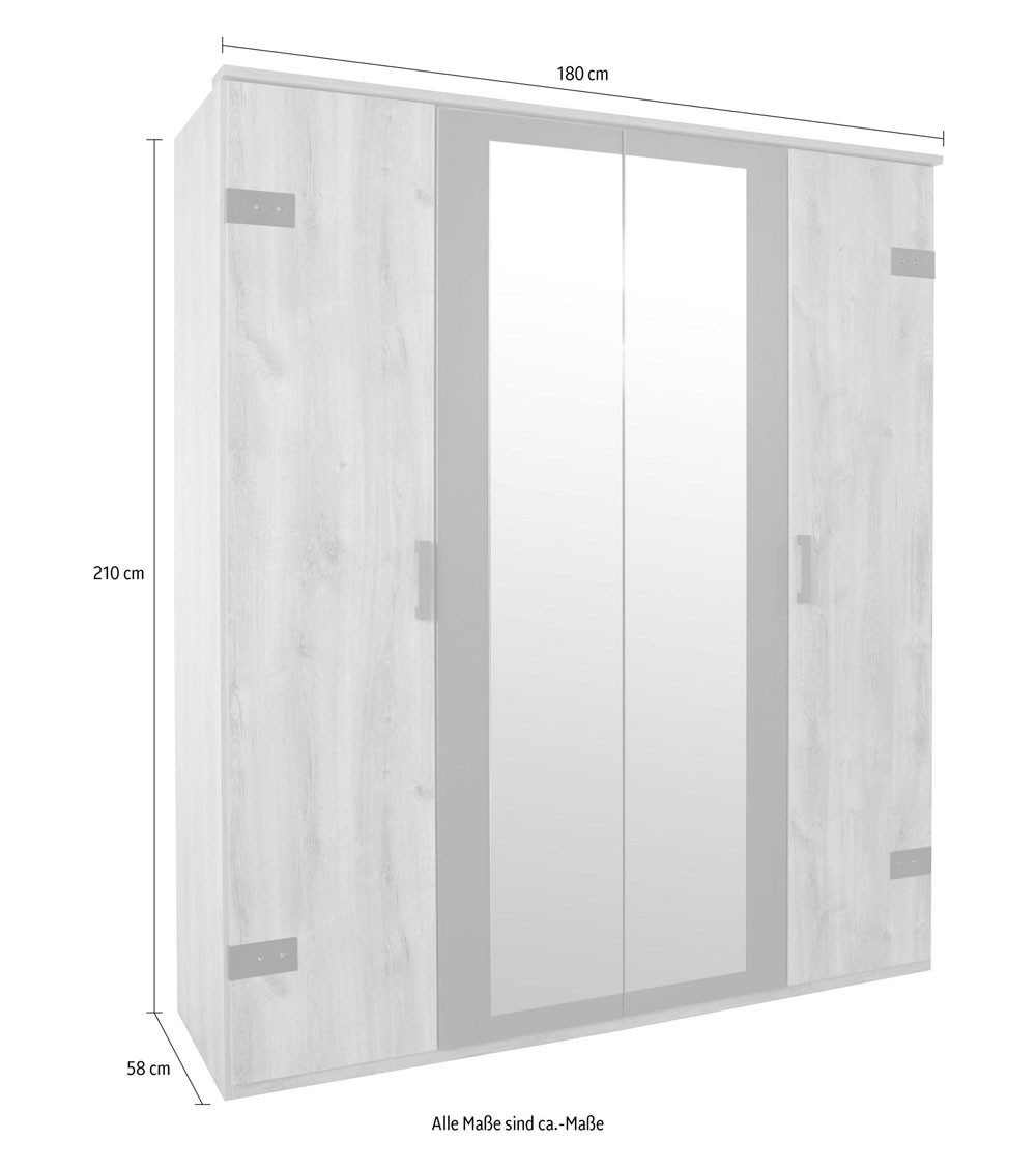 Wimex Drehtürenschrank Malmö (Holztüren, Spiegeltüren, Einlegeböden, Kleiderstangen, 1-St., moderne Optik, schwarze Bügelgriffe, mit Spiegel) 180x58x210cm / Plankeneiche / Graphit
