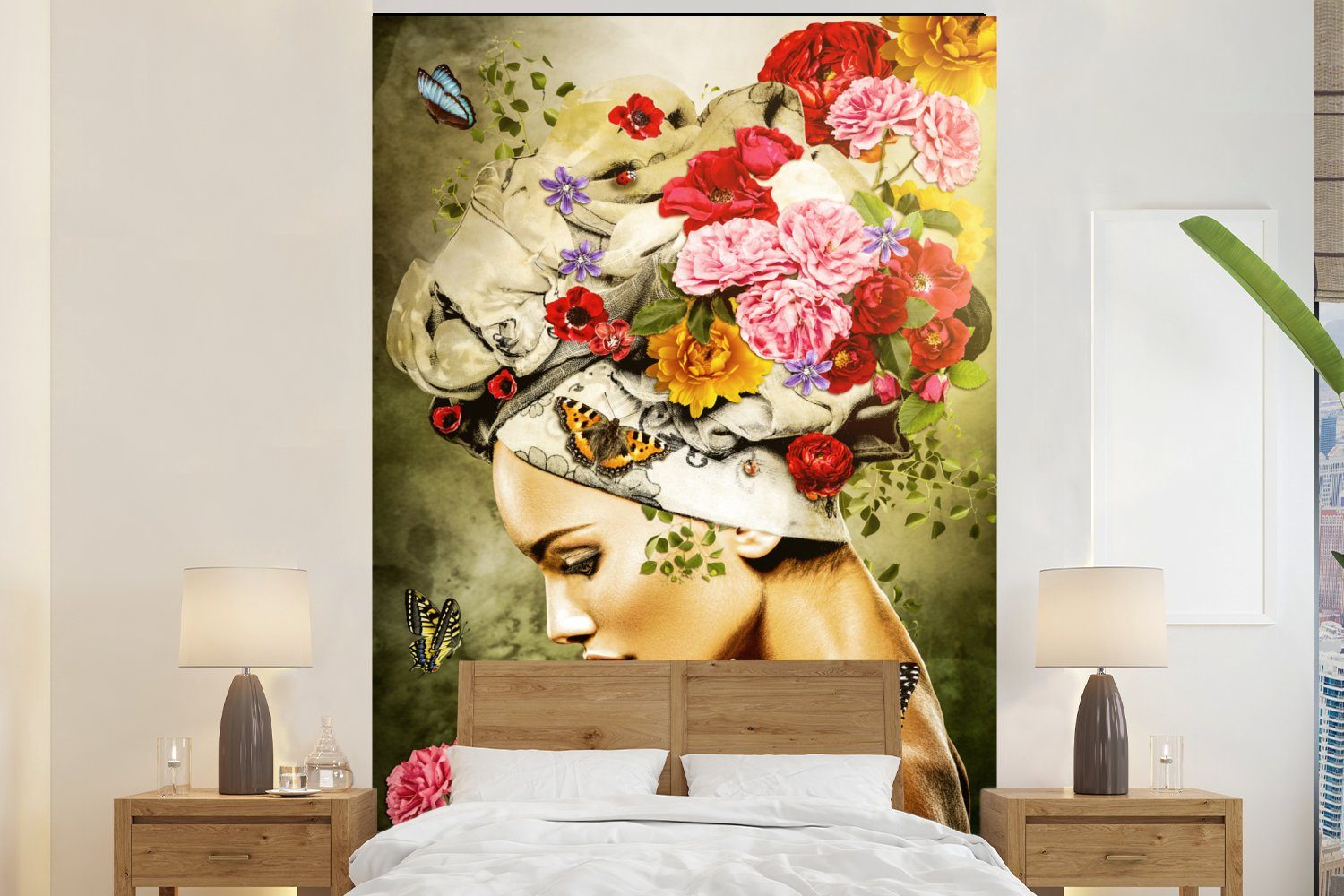 bedruckt, Rosen Fototapete - Frau Matt, (3 Blumen Farben - Schmetterlinge für Tapete St), Wandtapete Wohnzimmer, Kopftuch, - MuchoWow Vinyl Montagefertig - -