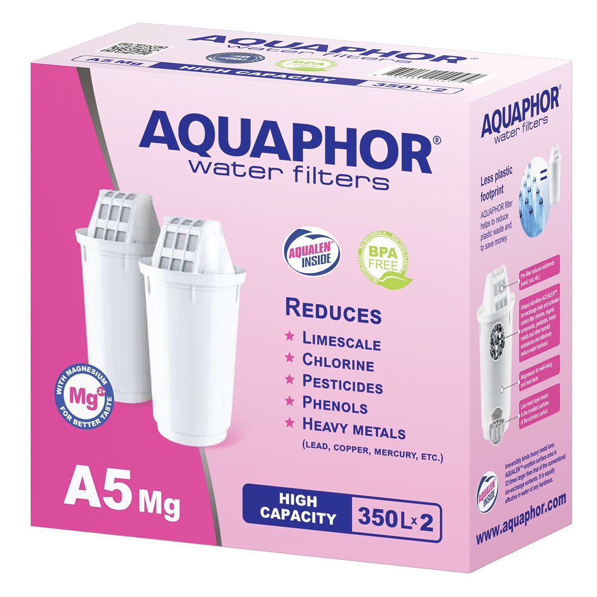 AQUAPHOR Kalk- und Wasserfilter Filterkartusche A5 Magnesium, Pack 2, Zubehör für Tischwasserfilter AQUAPHOR Provence, Smile, Prestige, bis 350 l. Kapazität, Reduziert Kalk, Chlor, Schwermetalle. Reichert das Wasser mit Mg an.