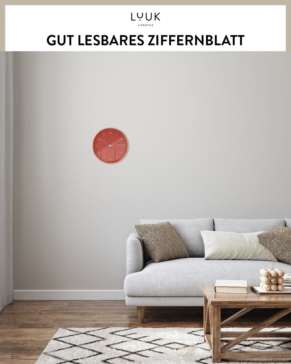 LUUK LIFESTYLE Design) skandinavisches ohne modernes Helsinki Rot Wanduhr (lautlos & und Ticken