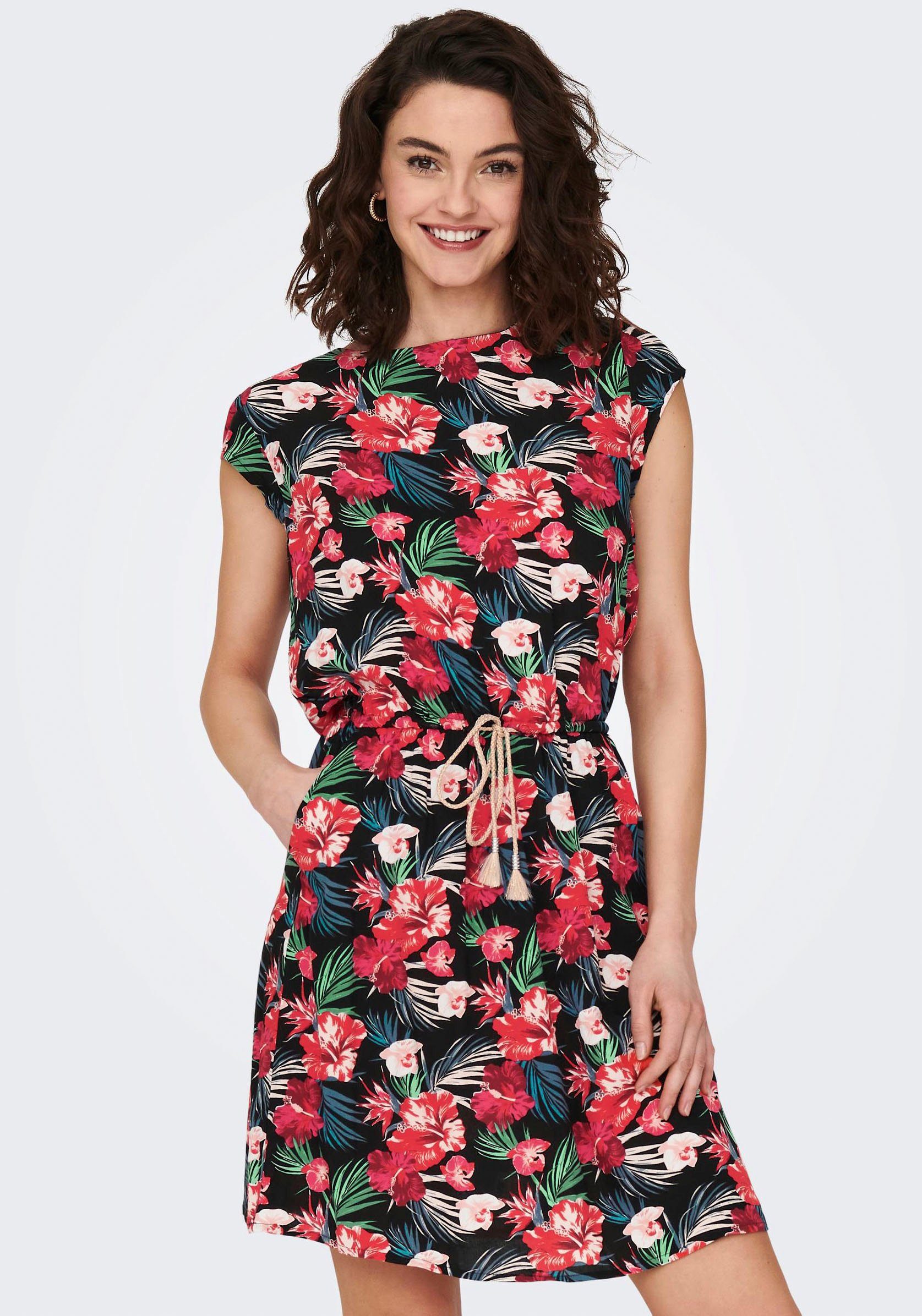 AOP:Tropical LIFE ONLYASMIN DRESS Minikleid PTM Black ONLY CAPSLEEVE