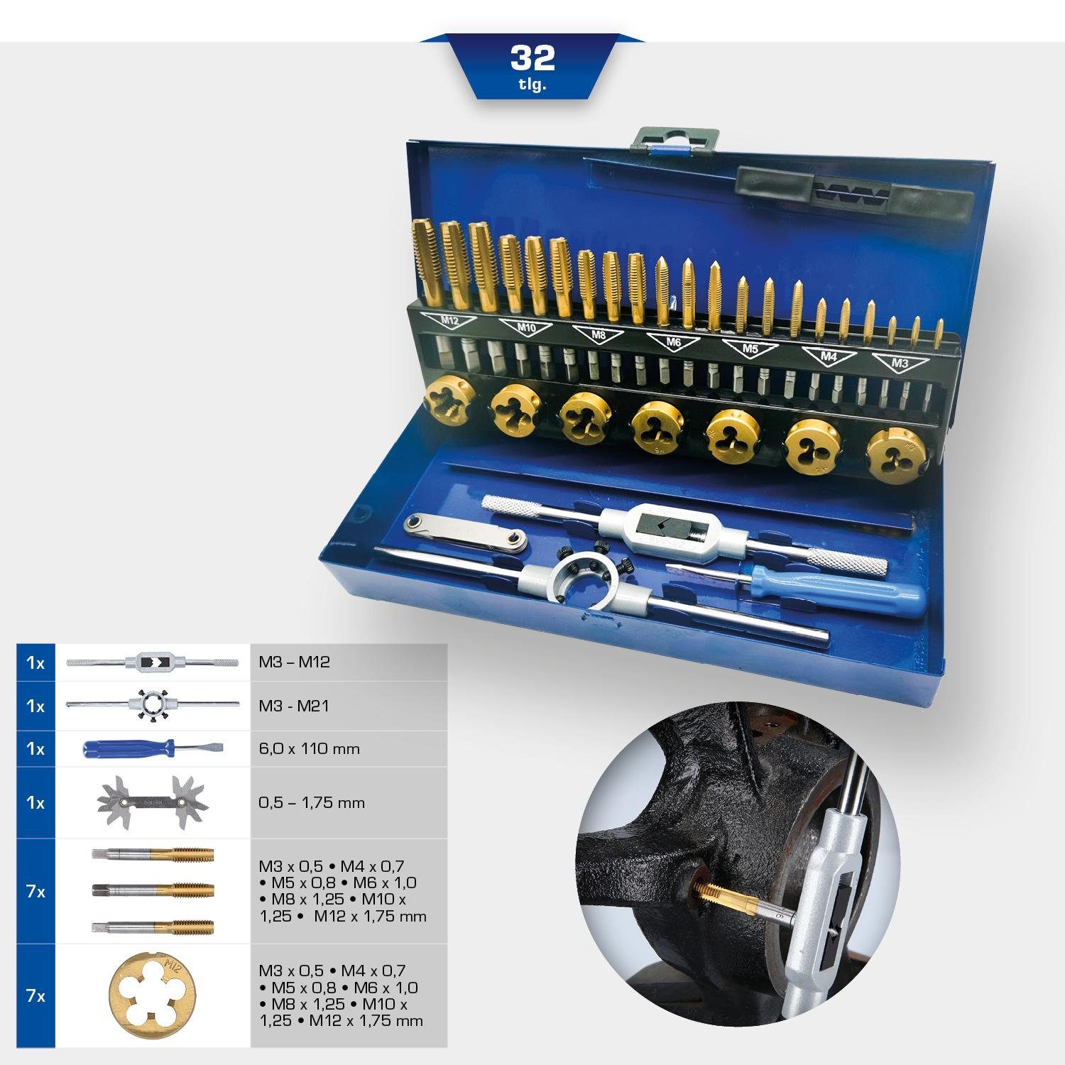 Gewindeschneideisen Gewindeschneidwerkzeug-Satz, Brilliant Tools TiN 32-tlg