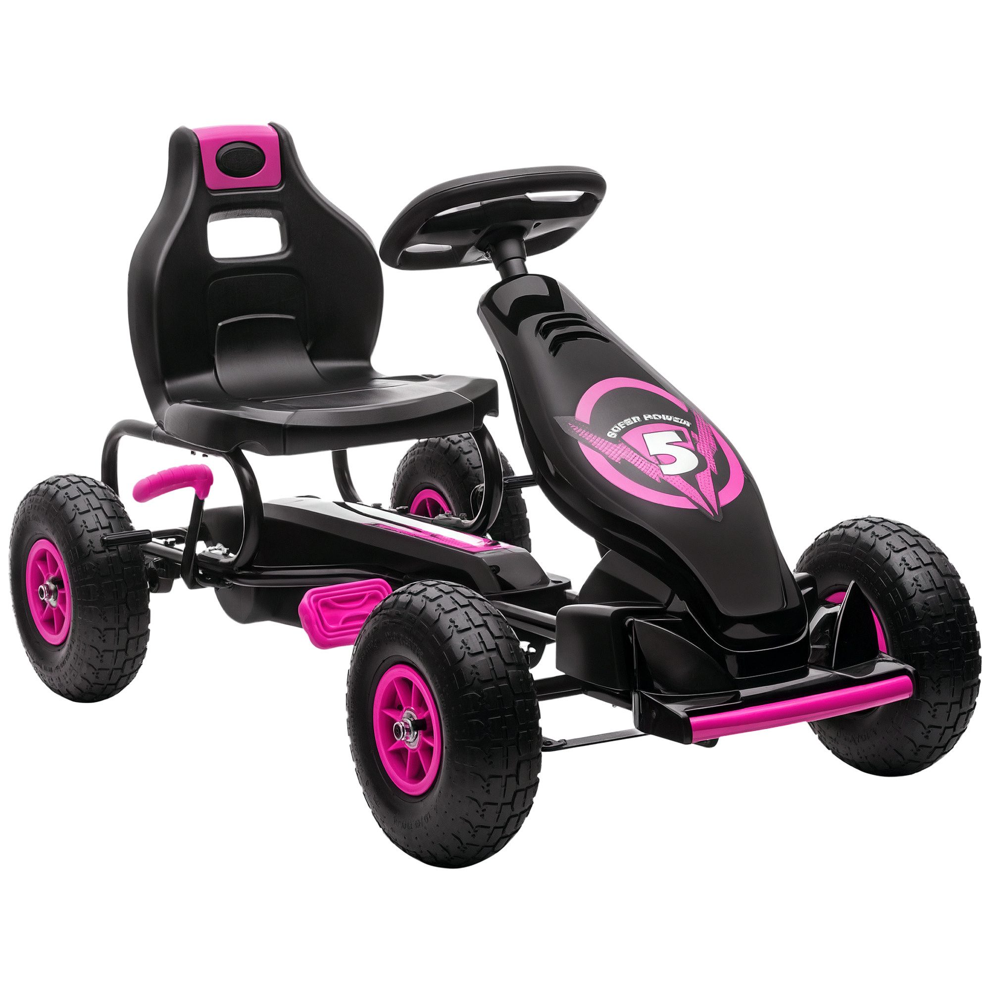 HOMCOM Go-Kart Kinderfahrzeug, Tretfahrzeug, Pedal und Handbremse, Outdoor, für Garten, Balkon, Rosa+Schwarz