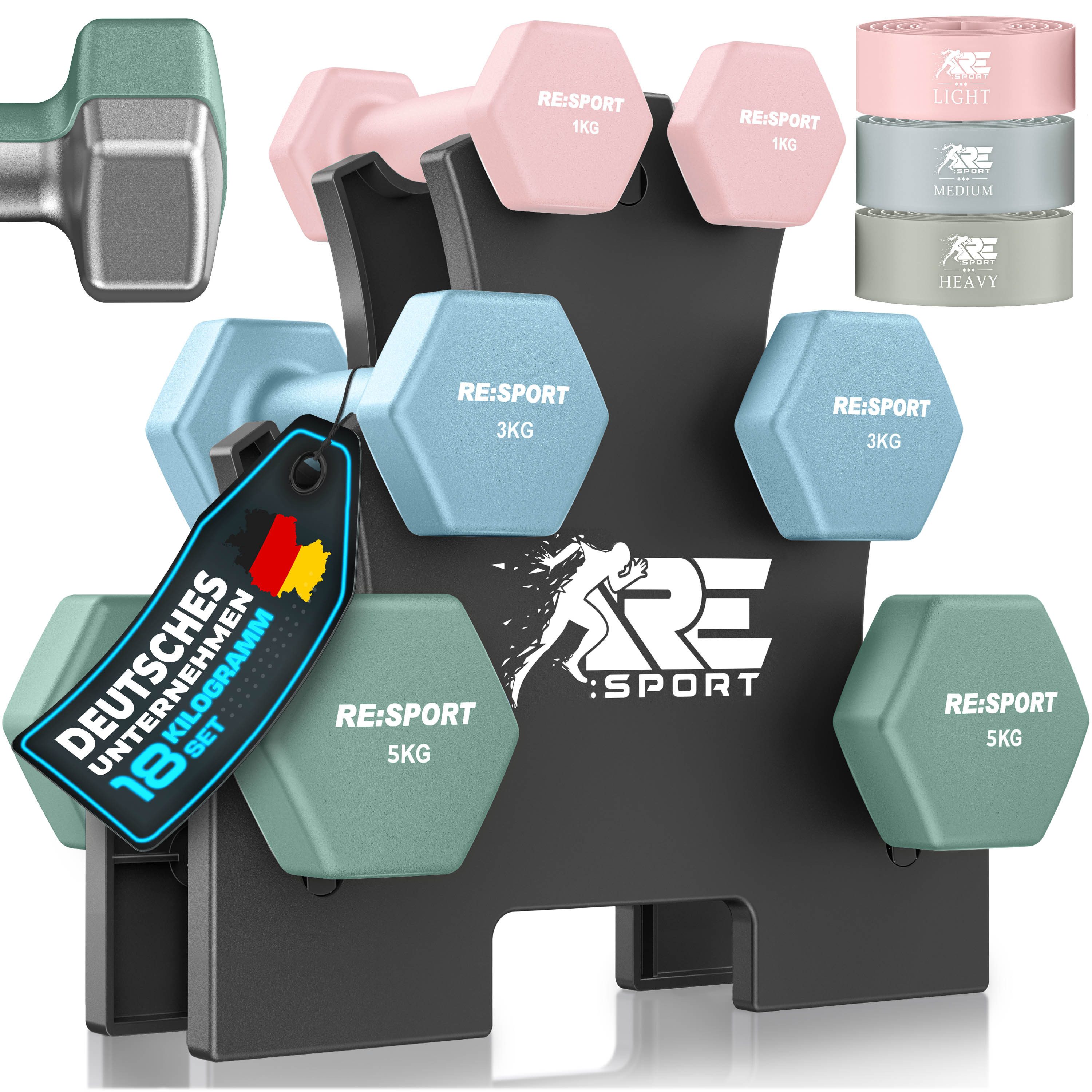 RE:SPORT Hantel RE:SPORT Hantelset mit Ständer inkl. Fitnessbänder, (Hanteln Hantelset für Damen & Herren, 3x Fitnessbänder Rutschfeste Kurzhanteln), Hanteln Set Neopren 3 Paar mit Ständer